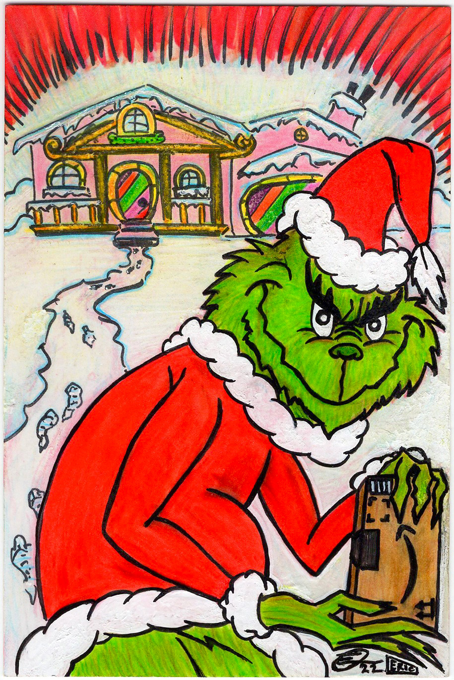"How the Grinch Stole Your Christmas" (2022) Original Holiday card. Pentel Brush Sign Pen, Copic / Winsor & Newton Brush markers, and UBrand/Prismacolor pencils on 5x7 card.