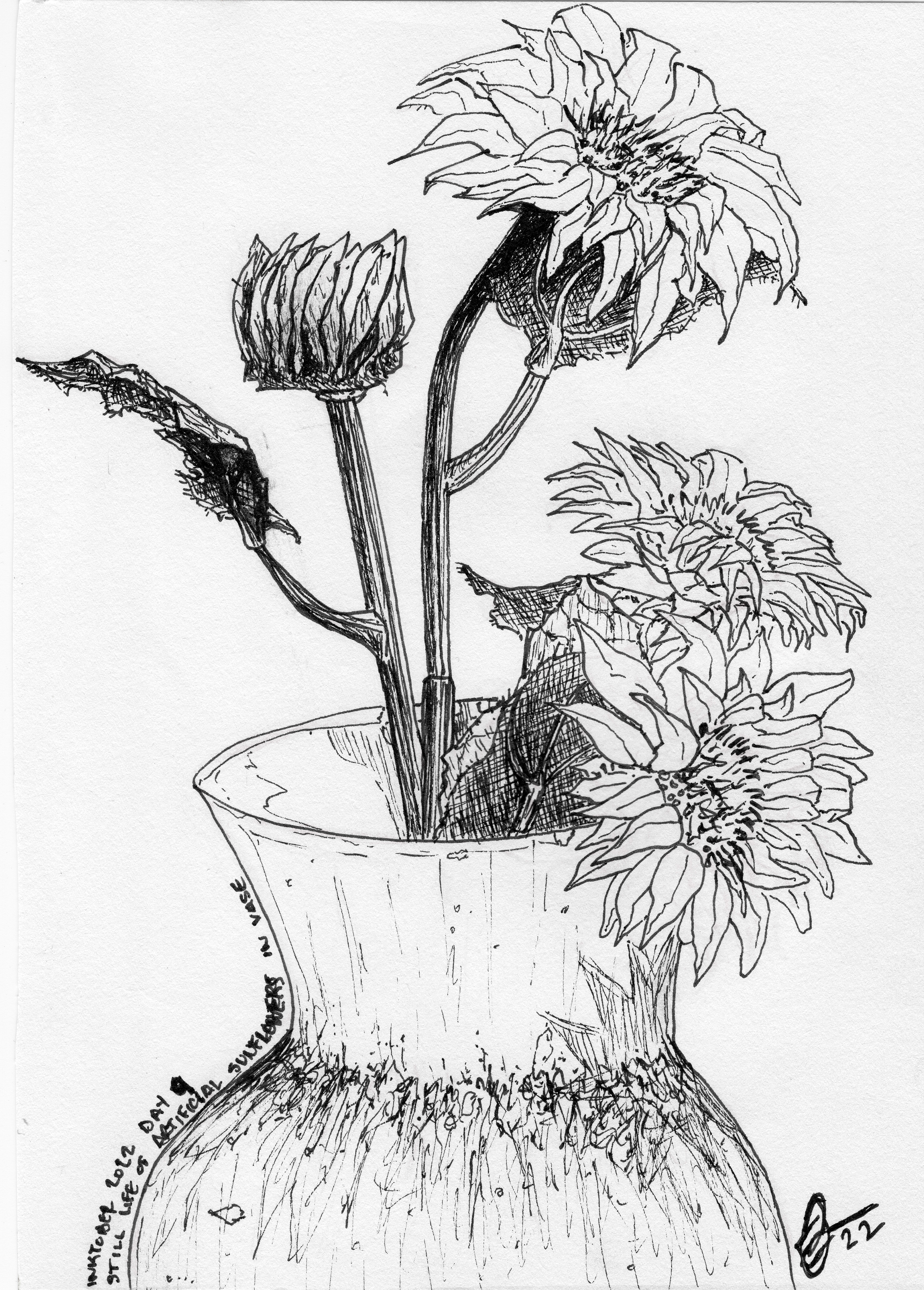 "Faux Flower Still Life" (2022) Ink on sketchbook paper