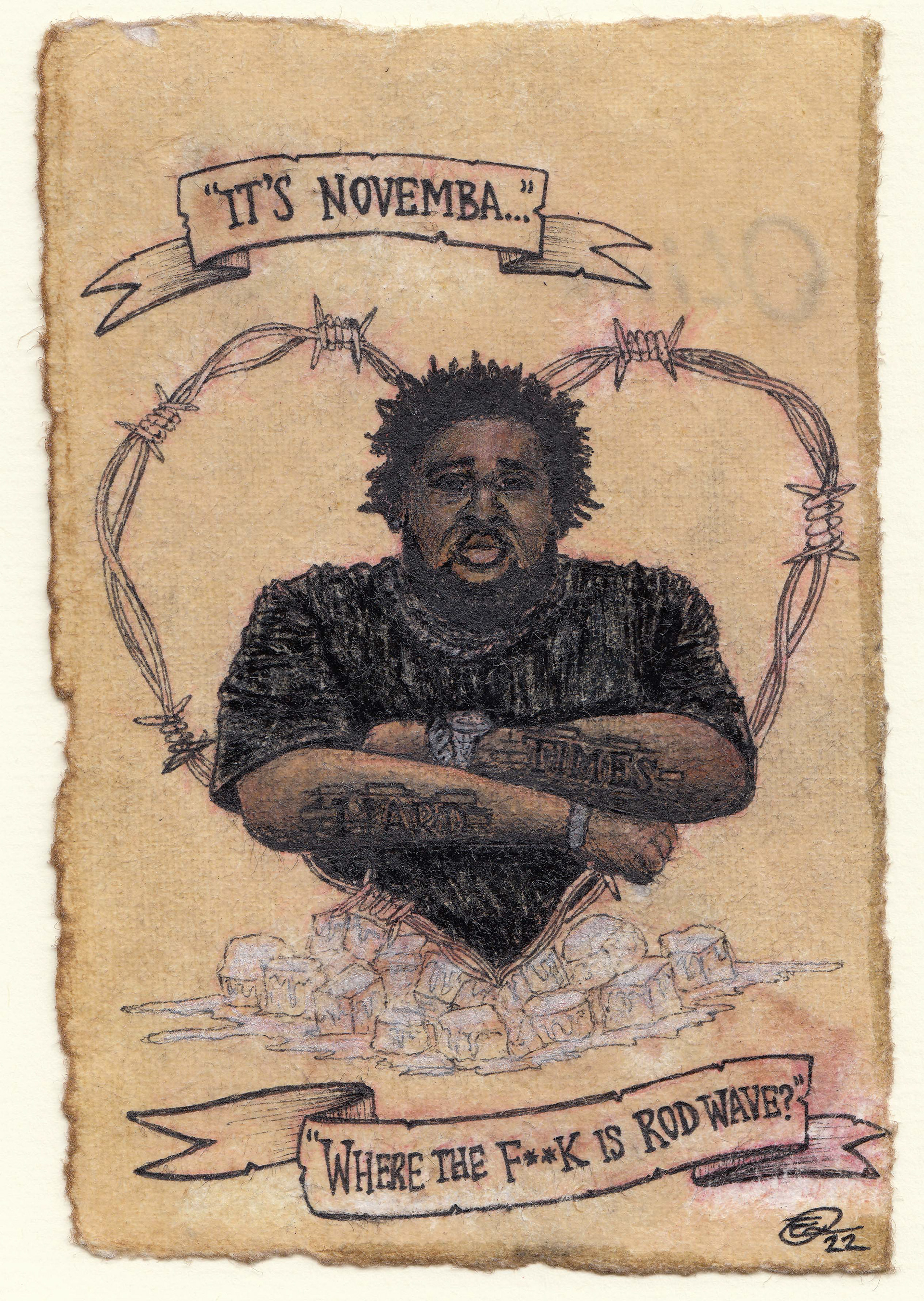 "Heart on Ice" (2022) Ink, gel pen, and paint / alcohol markers on weathered paper.