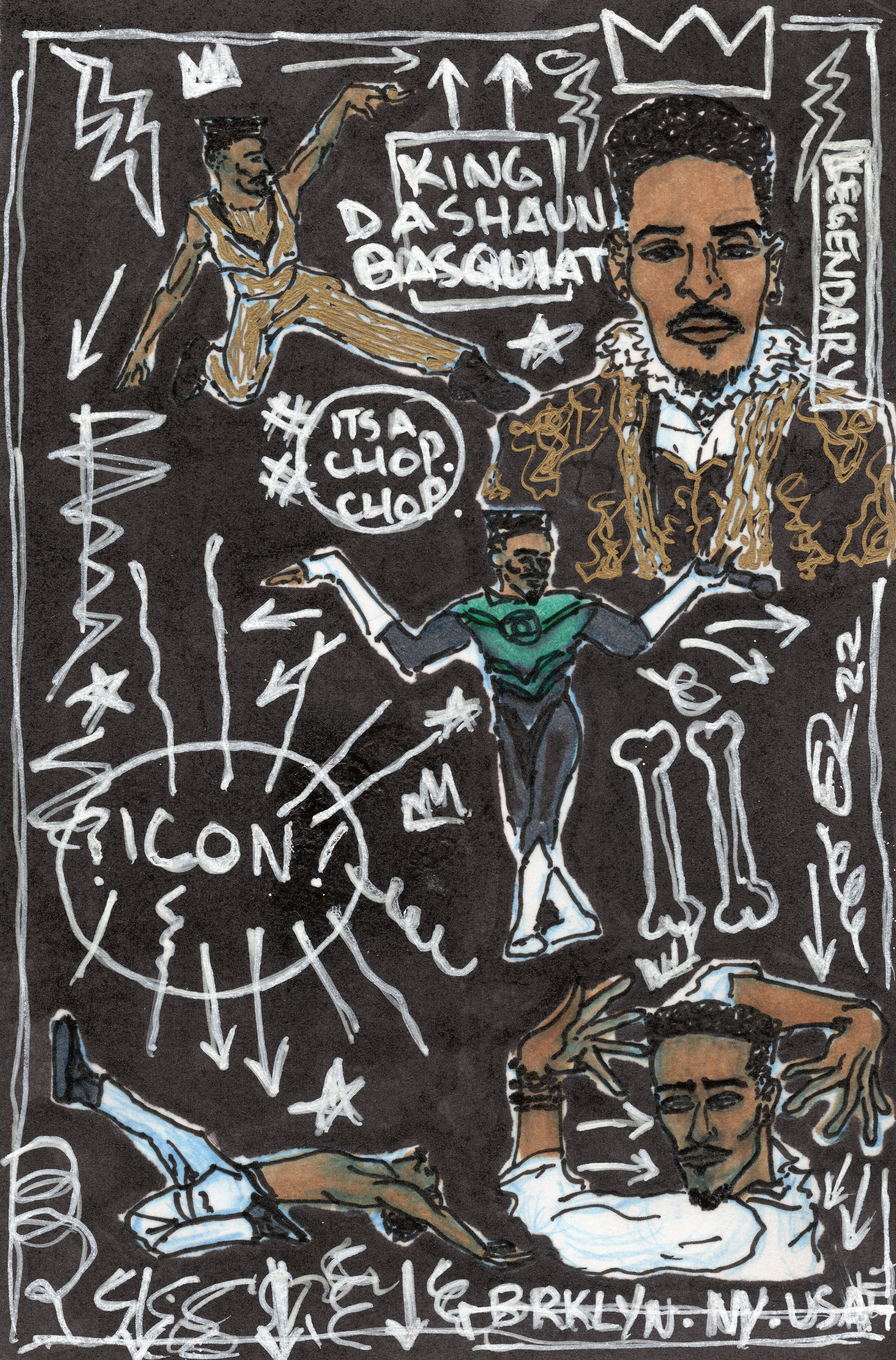"The Icon King Dashaun" (2022) Dashaun Wesley, Ballroom/ Vogue dancing icon. Host of Legendary HBO Max, ABDC contestant, and overall Founder and father of the Haus of Basquiat. Copic and Posca markers on postcard 5x7.