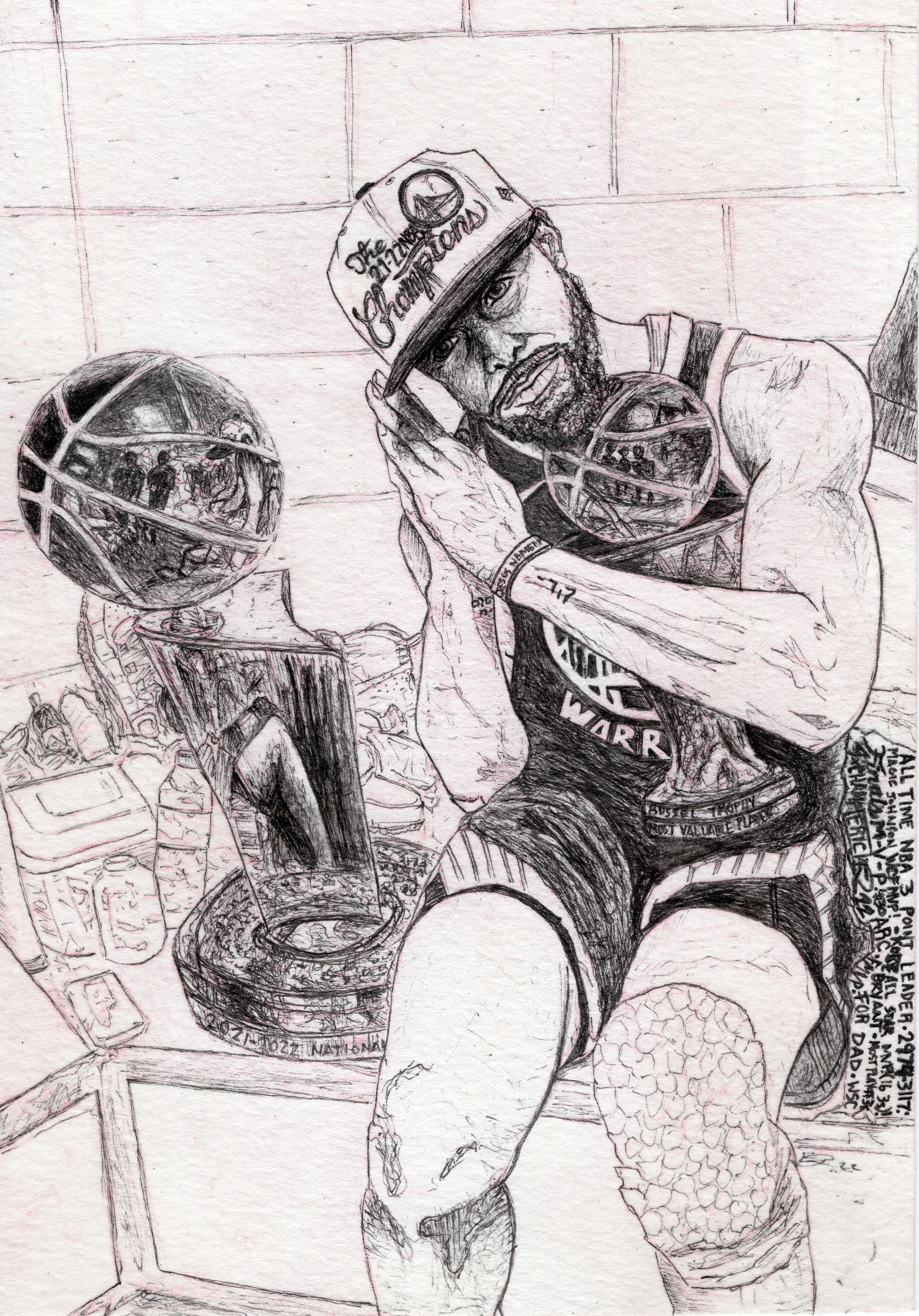 "Night Night" (2022) Finals MVP Stephen Curry. Copic Multiliner on watercolor paper.