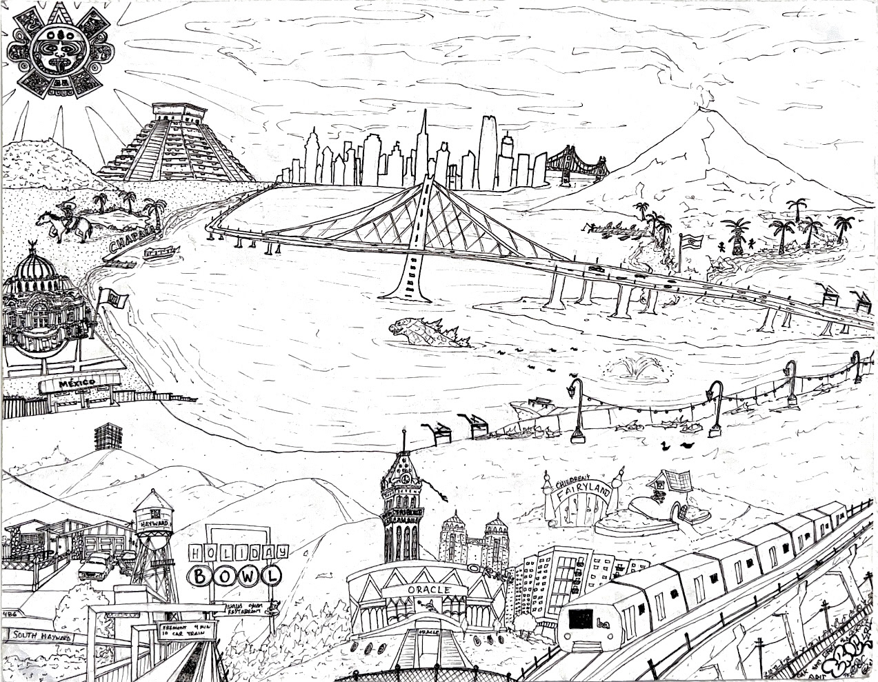 "About Me Poster Linework" (2022) Ink on posterboard. As a Paraeducator, I had kids sketch About Me posters and this was my example for them. The locations represent my family heritage and my homes.