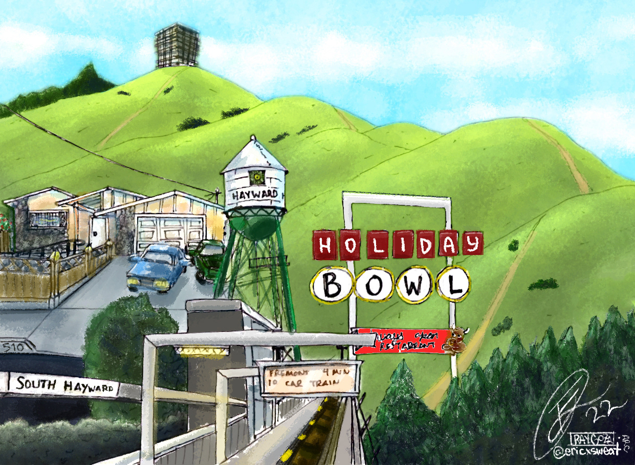 "South Hayward" (2022) Digital Painting including local landmarks of the past and present.