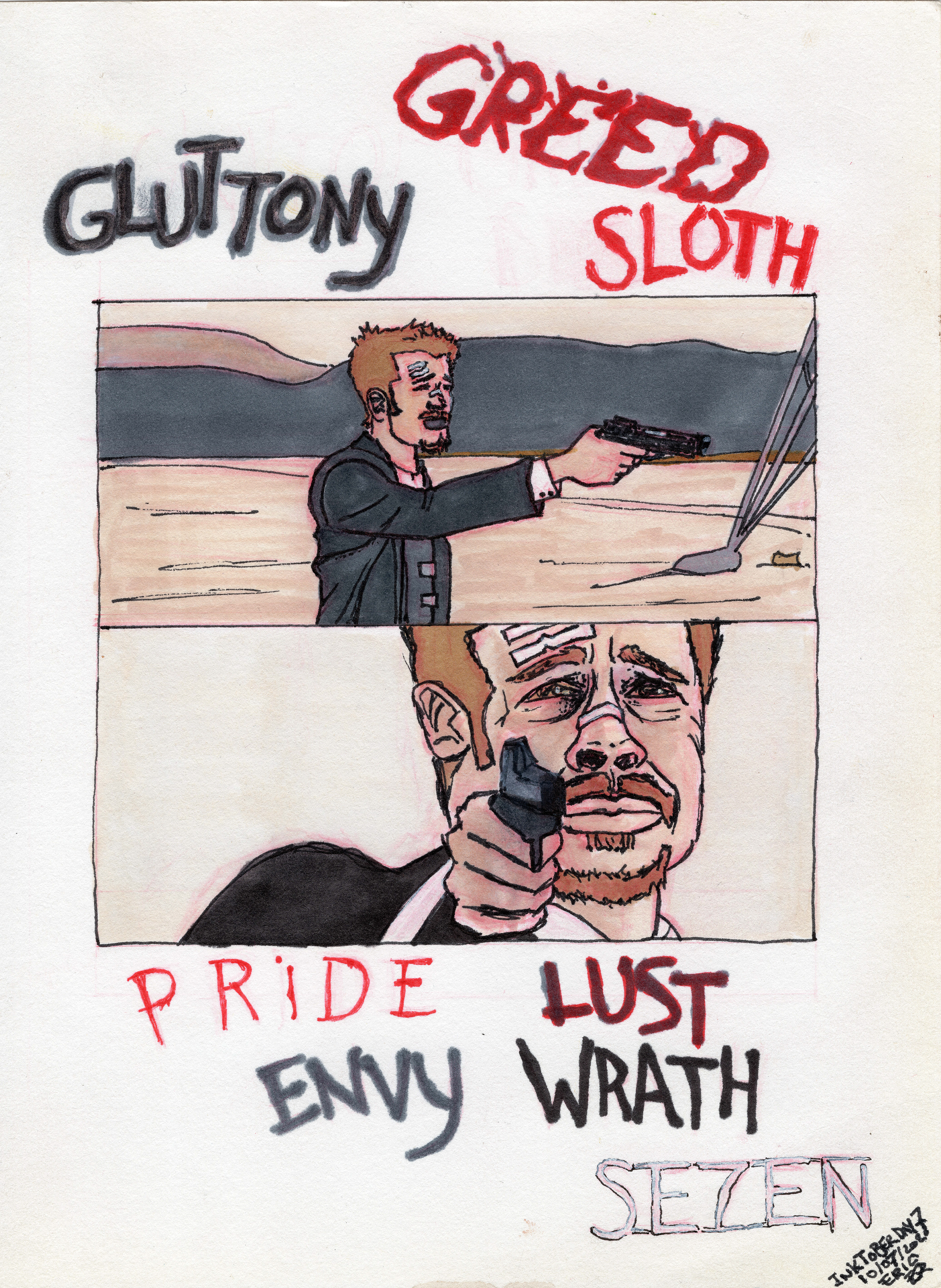 "SE7EN" (2020) Inktober Series Day 7. Copic Multiliner, Watercolor Pencil, Winsor & Newton Markers on sketch paper. 