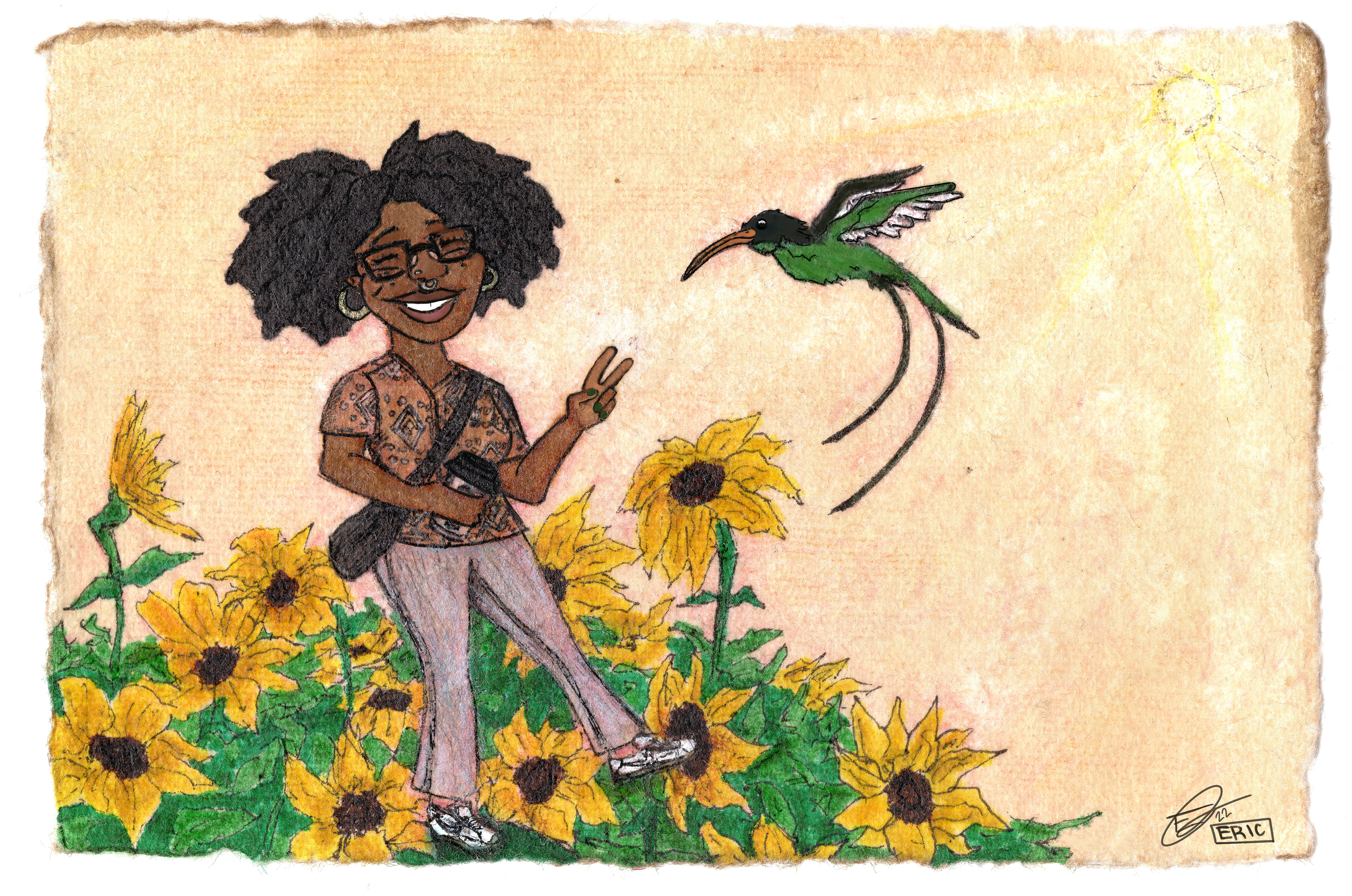 "Khalilha and Doctor Bird" (2022) Ink and Alcohol/ Paint Markers on weathered paper. My girlfriend and the Jamaican national bird among sunflowers, animated by me