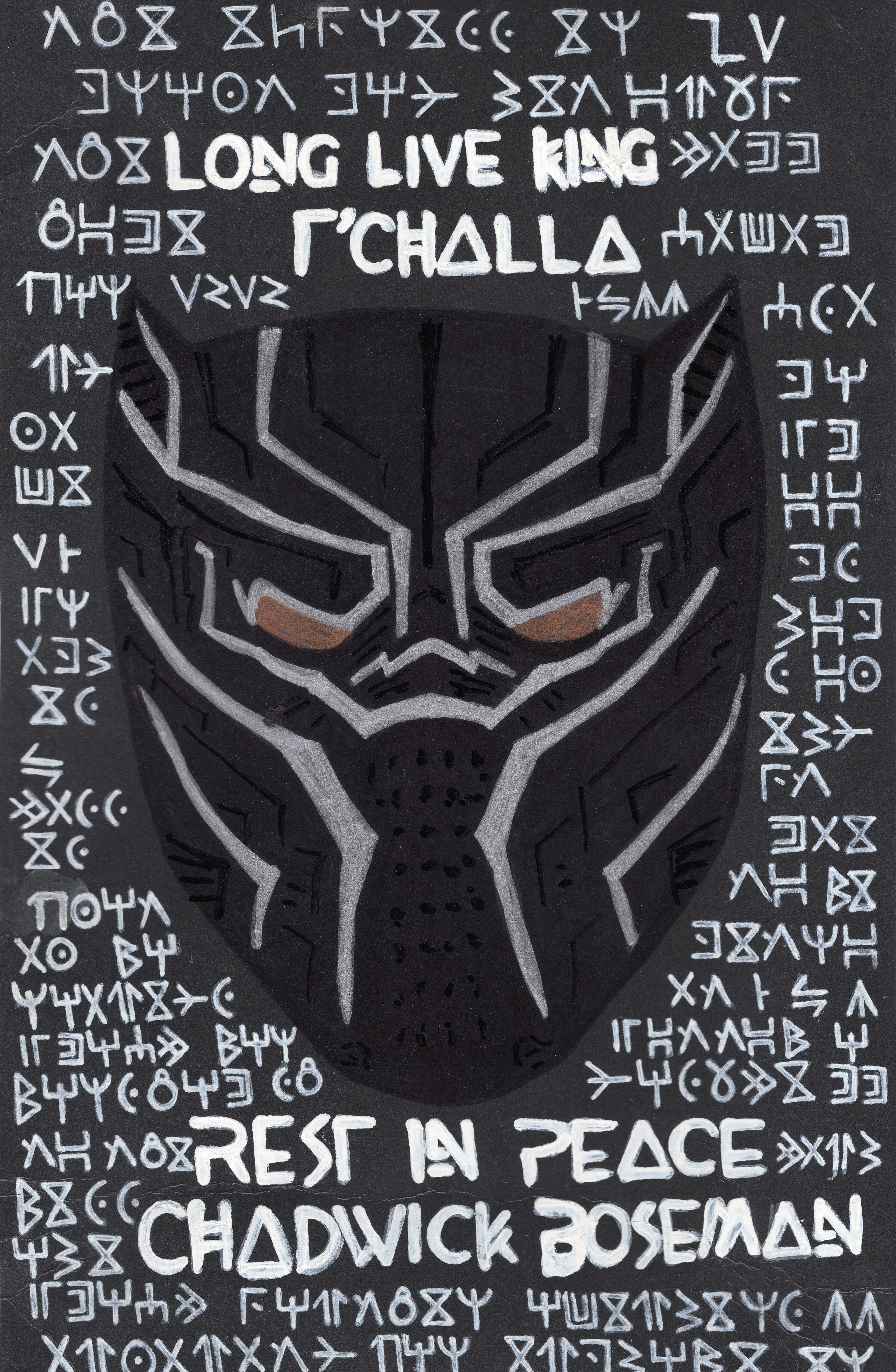 "Long Live King T'Challa" (2020) Chadwick Boseman Tribute done the day of his passing. I used a Wakandan cypher to spell out some of his many movie and tv roles. Paint markers on black paper.