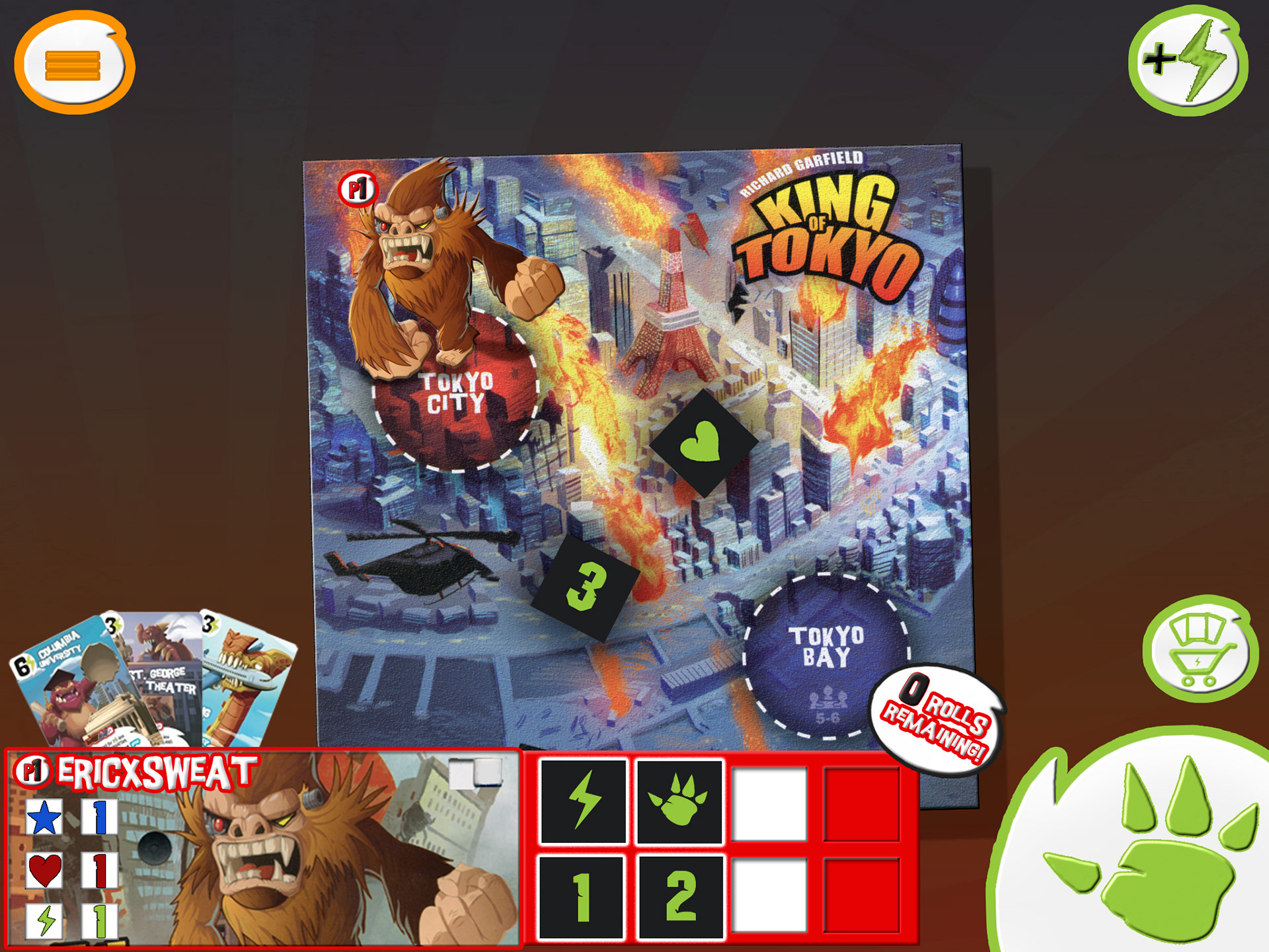 6 dice are rolled, 3 times. Each turn the player stores dice to attack, heal themselves, buy power up cards, or use their own hand of cards.