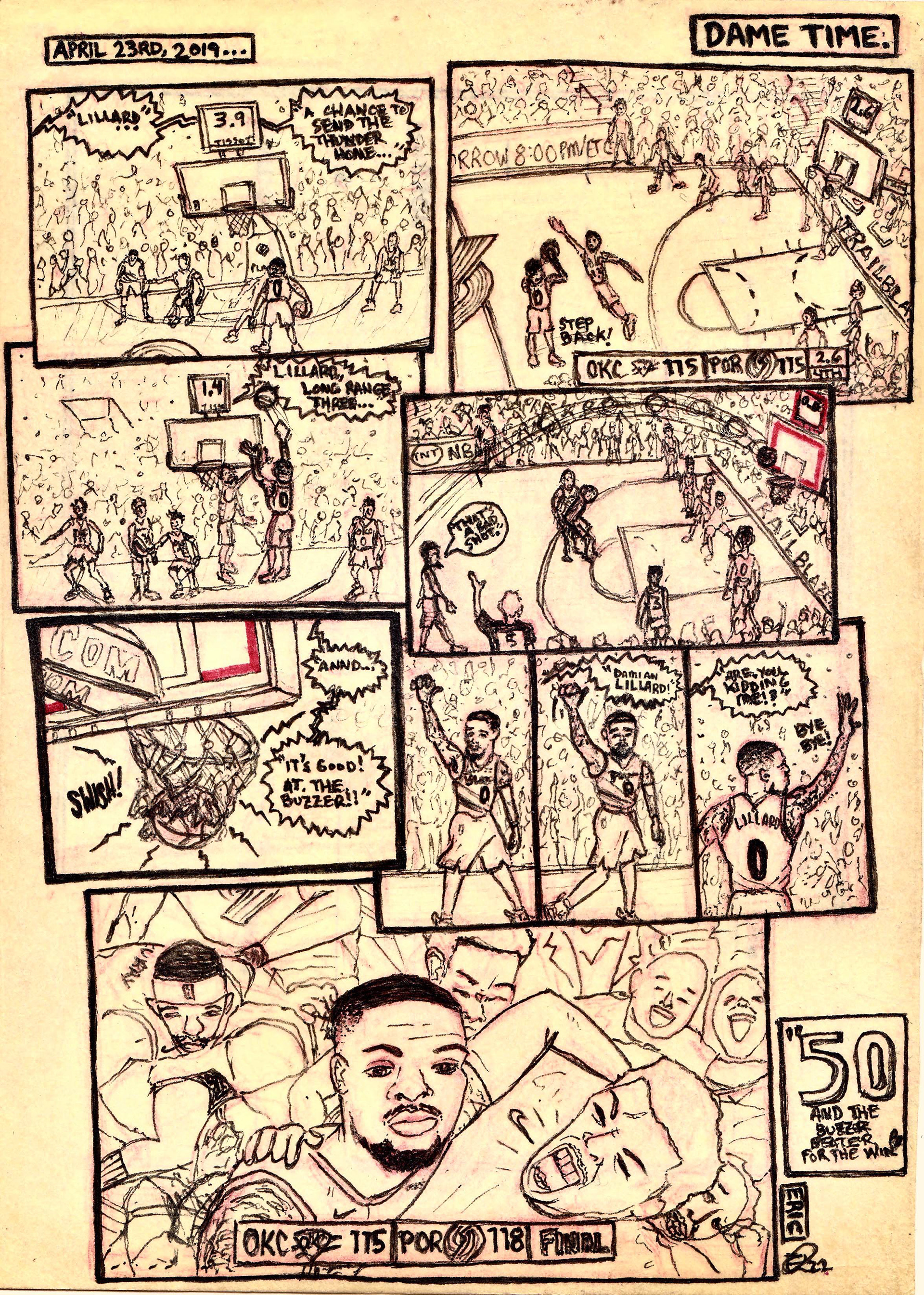 "Dame Time." (2021) Comic recreating Damian Lillard's iconic  'Bye Bye' step back Playoff game winner.