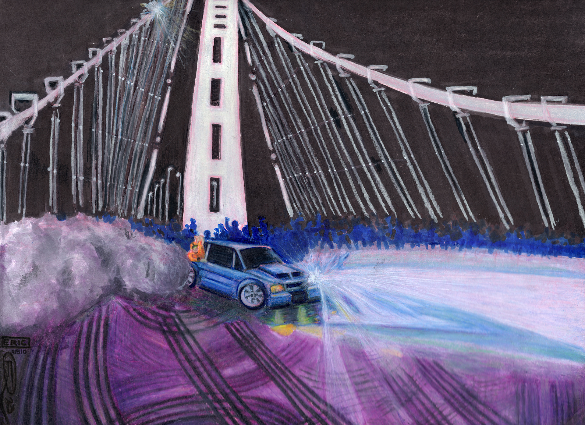 "Midnight on the Bay" (2023) Colored Pencil and Alcohol / Paint Markers on 9x16 Mixed Media Paper.