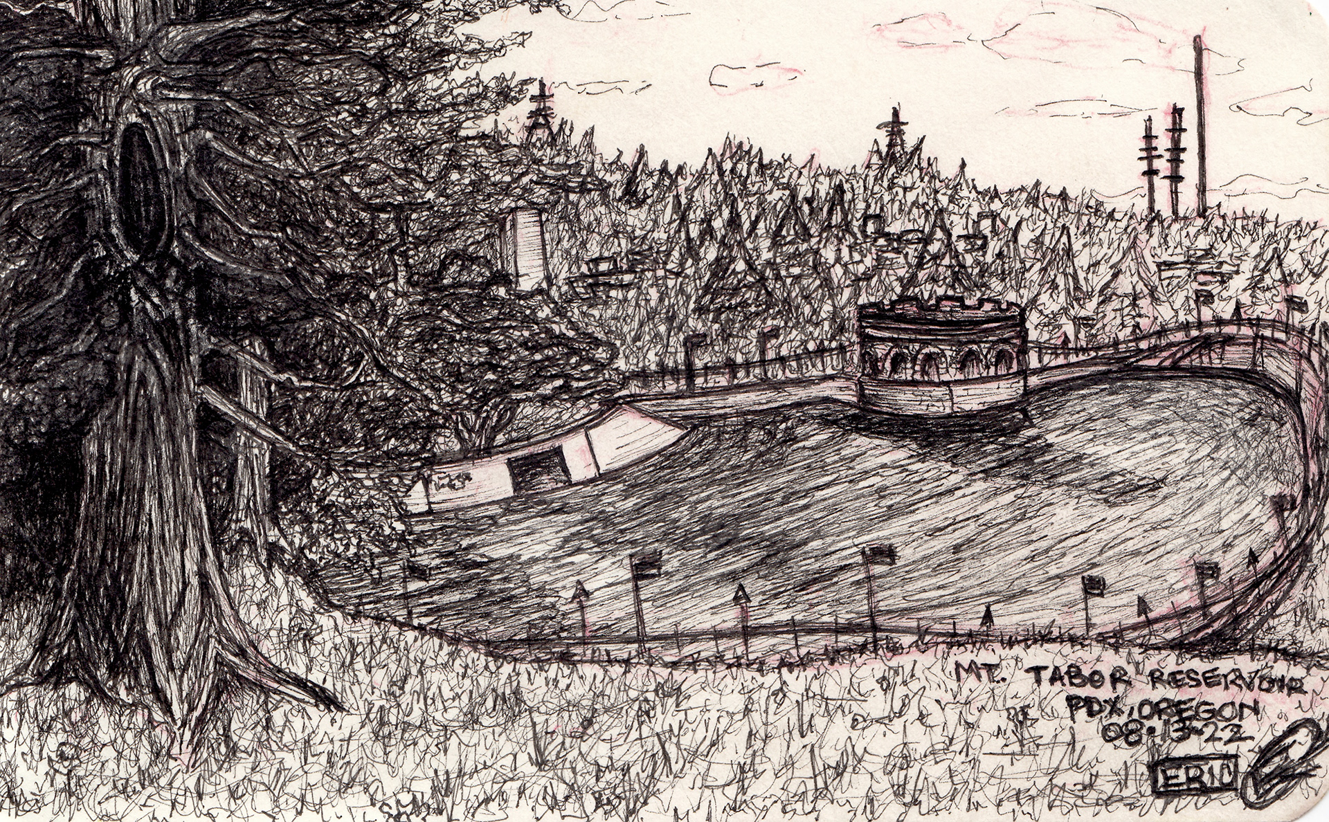 "Mt. Tabor PDX"(2022) Copic Multiliner on Paper.