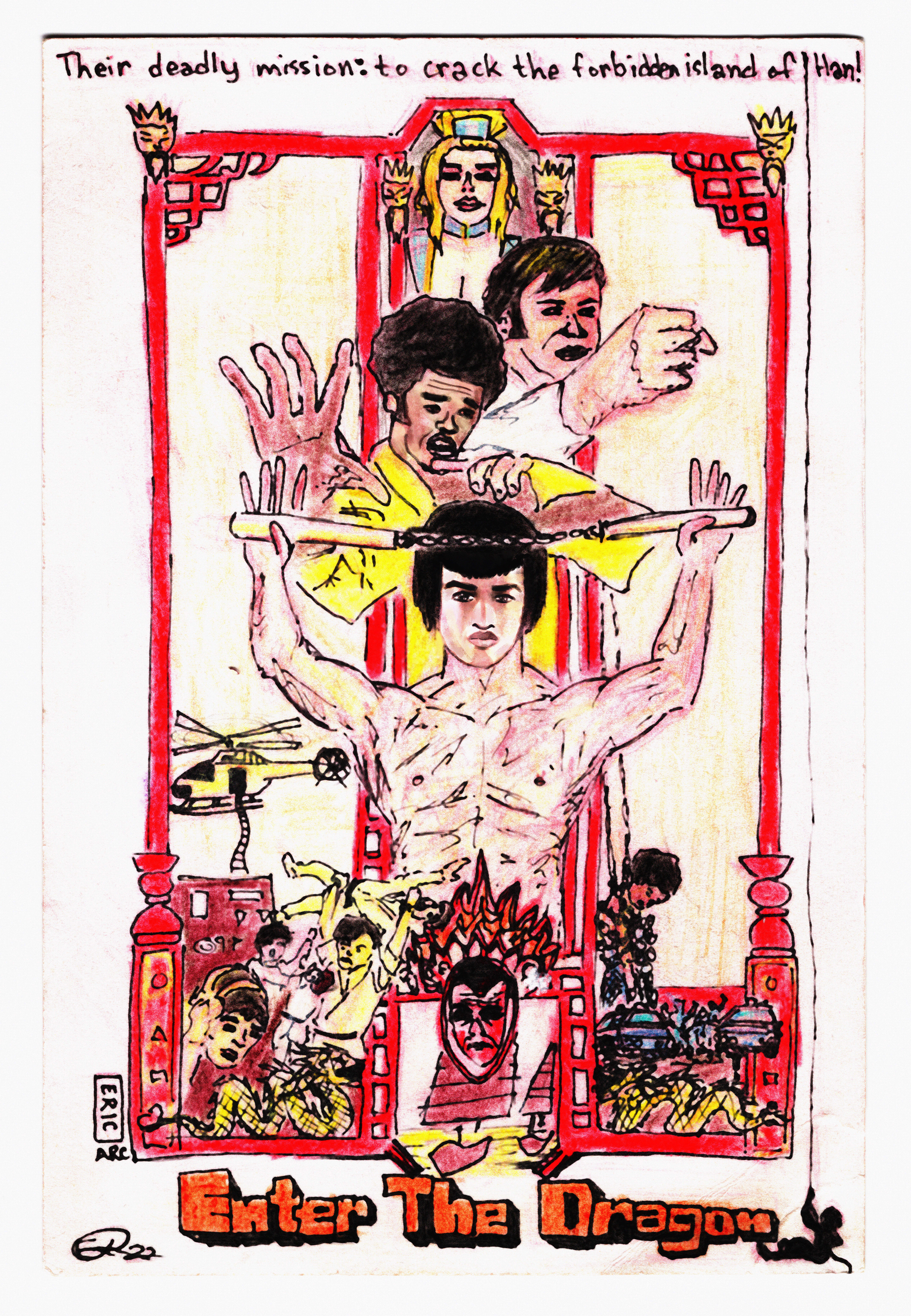 "Enter the Dragon Poster Study" (2022) Colored Pencil, Watercolor / Alcohol / Paint Markers on 4x6 Postcard