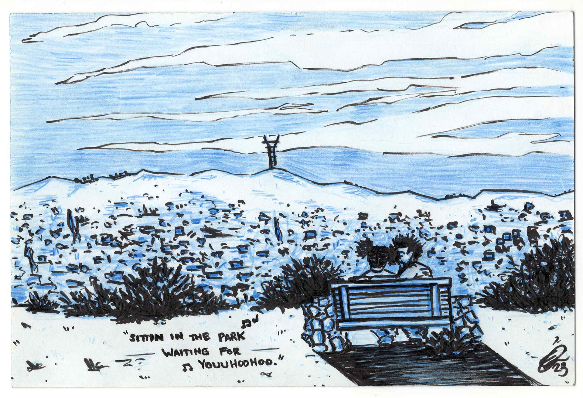 "Sittin in the Park" (2023) Valentine's Day Card referencing Bernal Heights, San Francisco, CA, Billy Stewart -"Sitting in the Park" featuring me and Khal.  