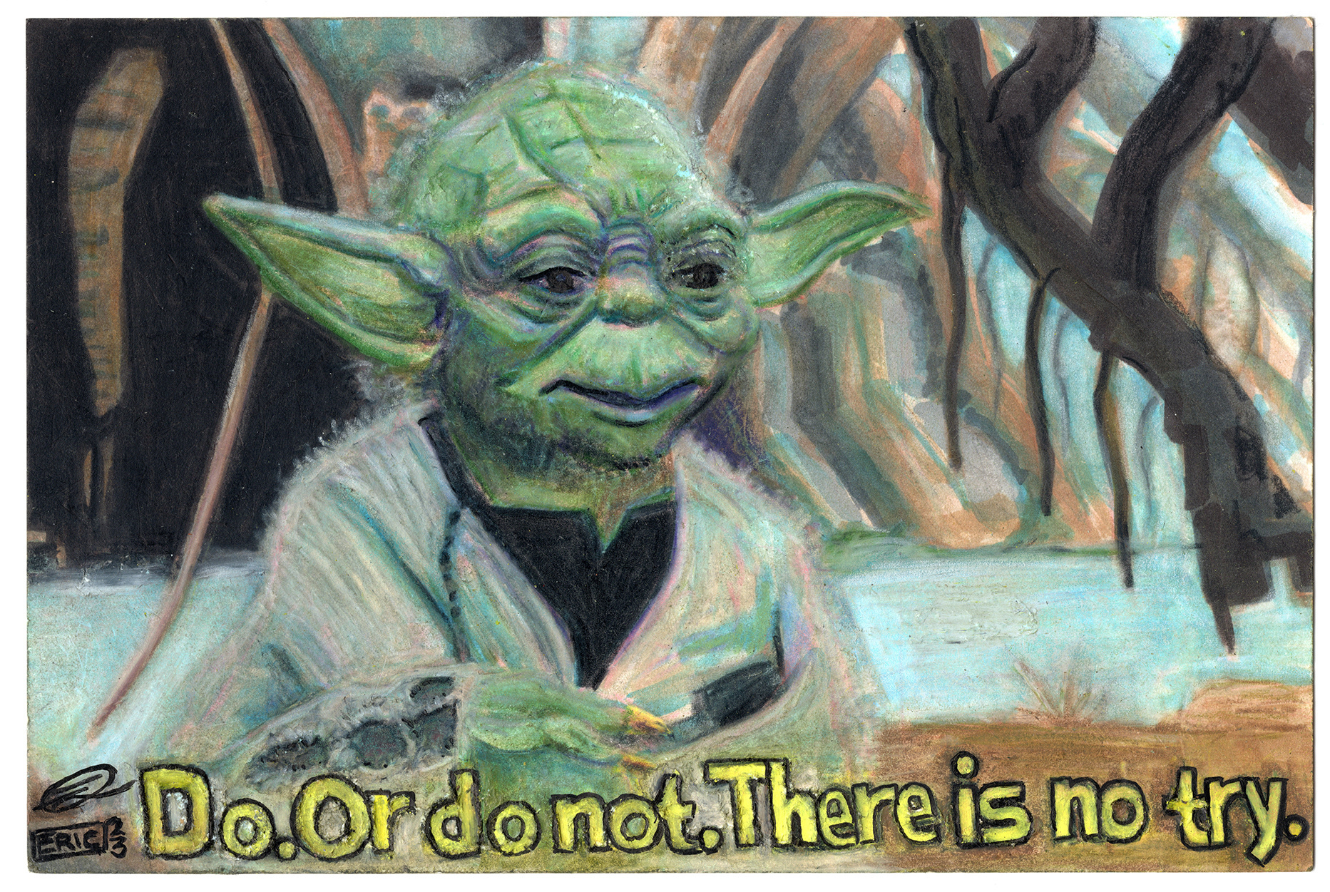 "Master Yoda"(2023) Colored Pencil and Alcohol / Paint Markers on 4x6 Postcard