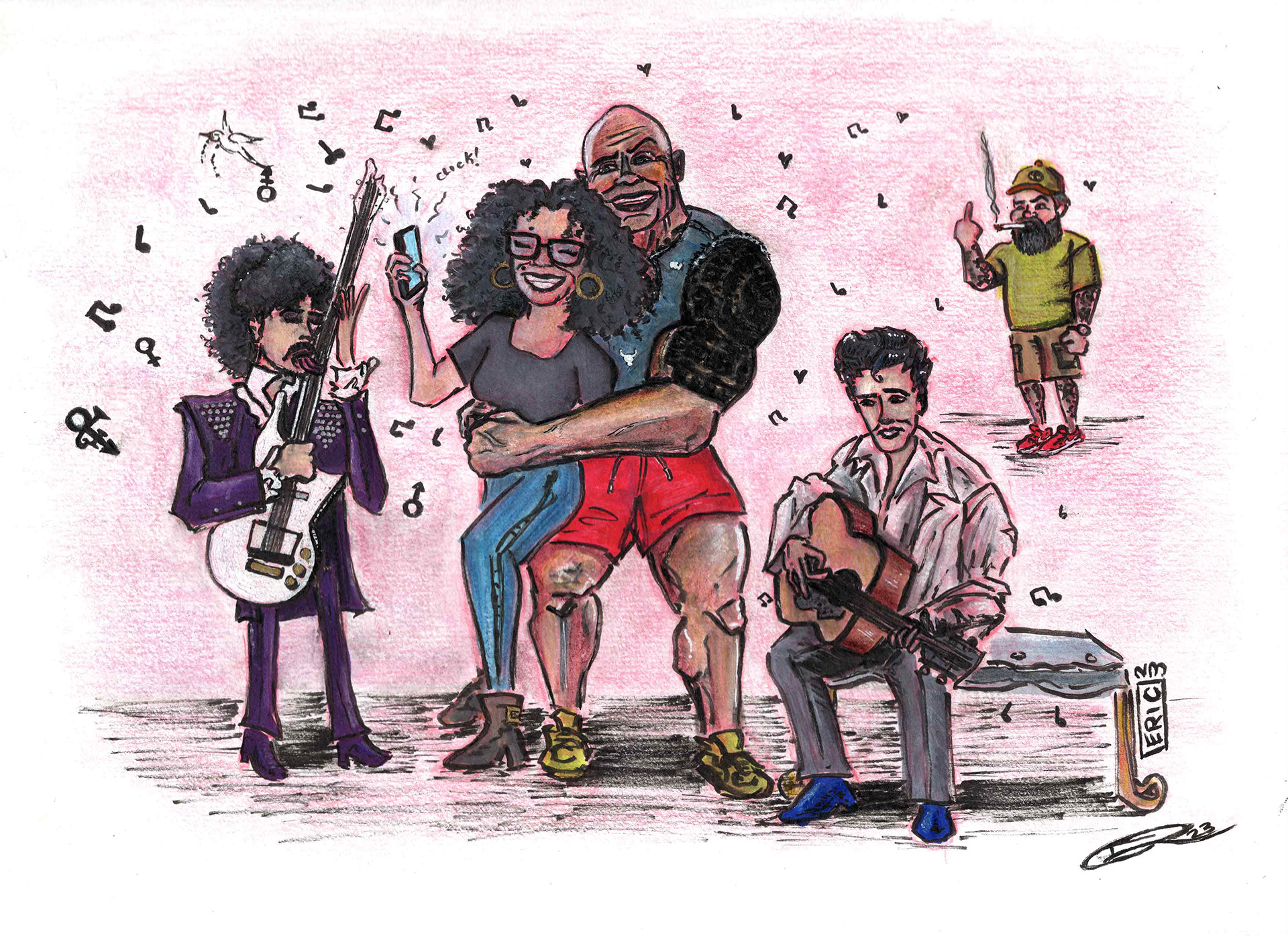 "Love Triangle" (2023) Ink, Copic markers, and colored pencils on 9 x 12 Canson Mix Media Paper. My mom with her 3 celebrity crushes (feat. a gesture of disapproval from my father). 