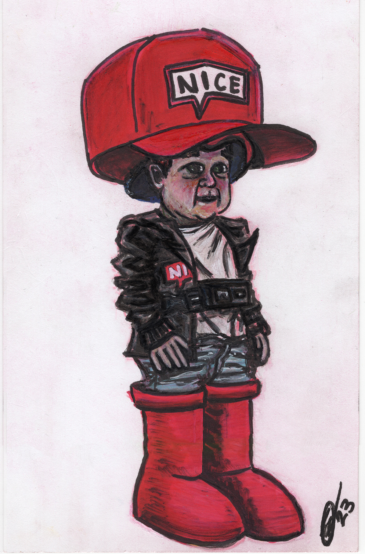 "Hasbi in the Big Reb Boots / Hat" Ink, colored pencils, and paint / alcohol markers on 4x6 postcard.  
