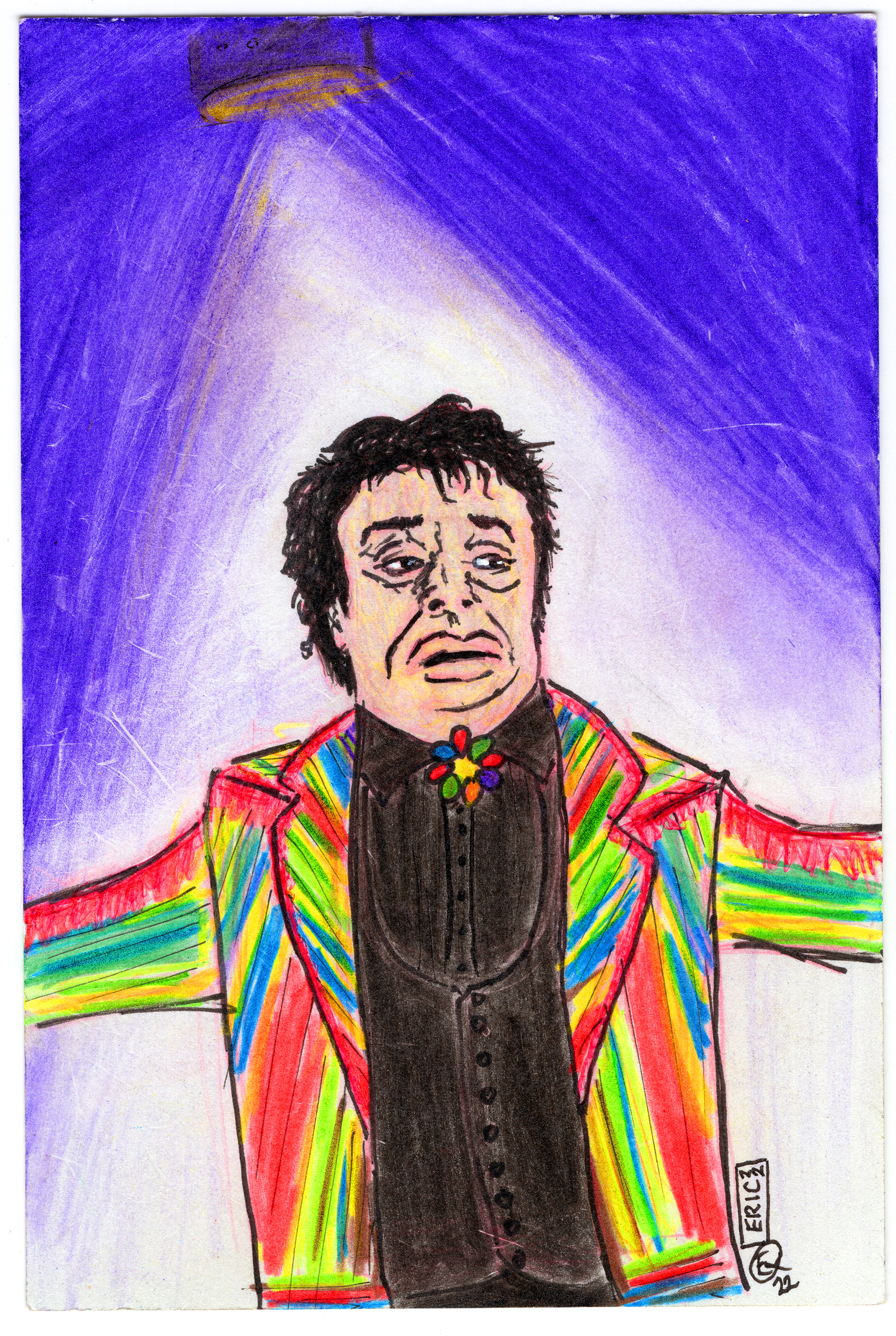 "Juan Gabriel" Ink, colored pencils, and alcohol markers on 4x6 postcard..