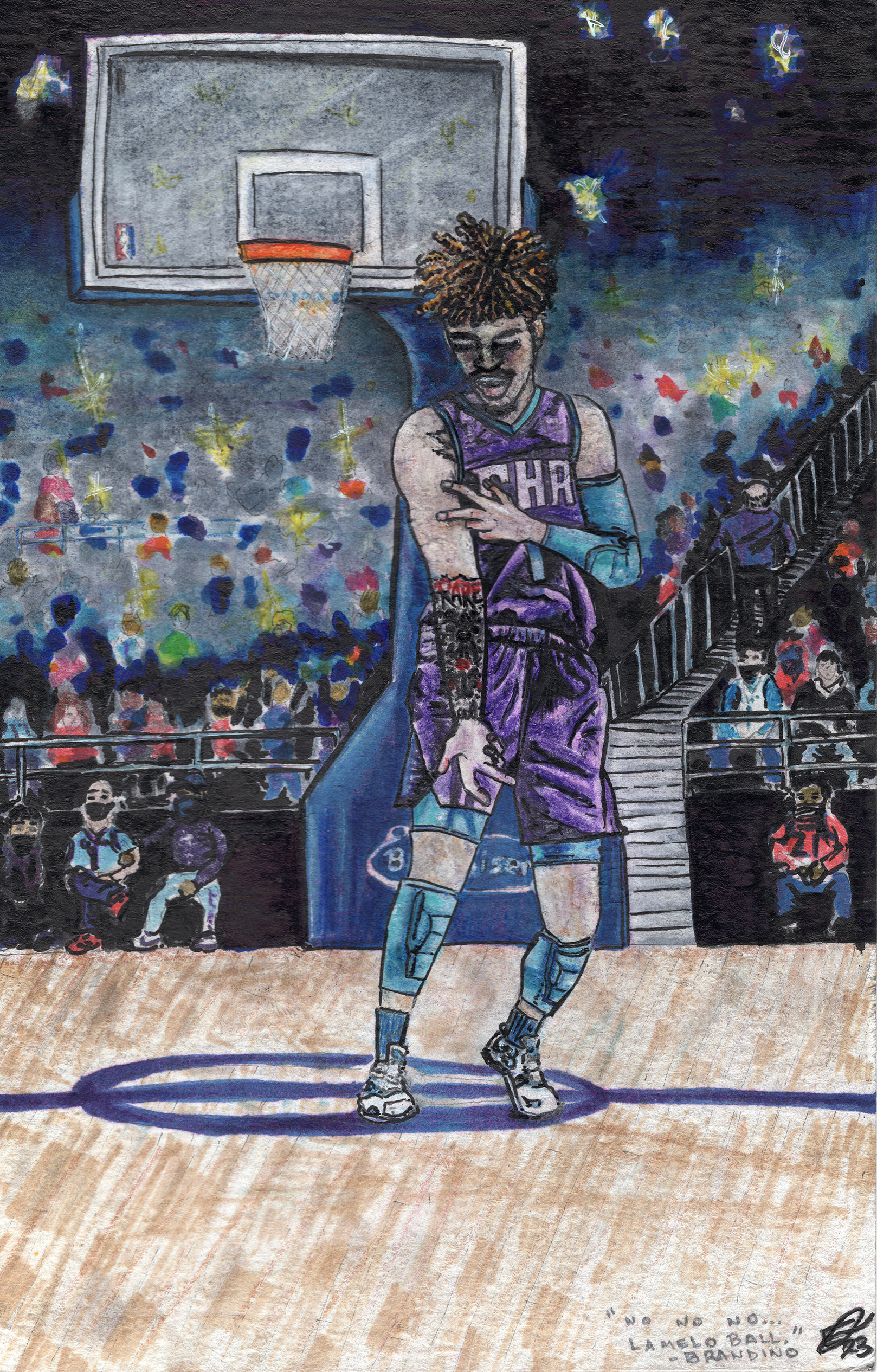"Lamelo Ball" (2023) Ink, Colored pencils, Alcohol / paint markers on 5.5 x 8.5 in watercolor paper.