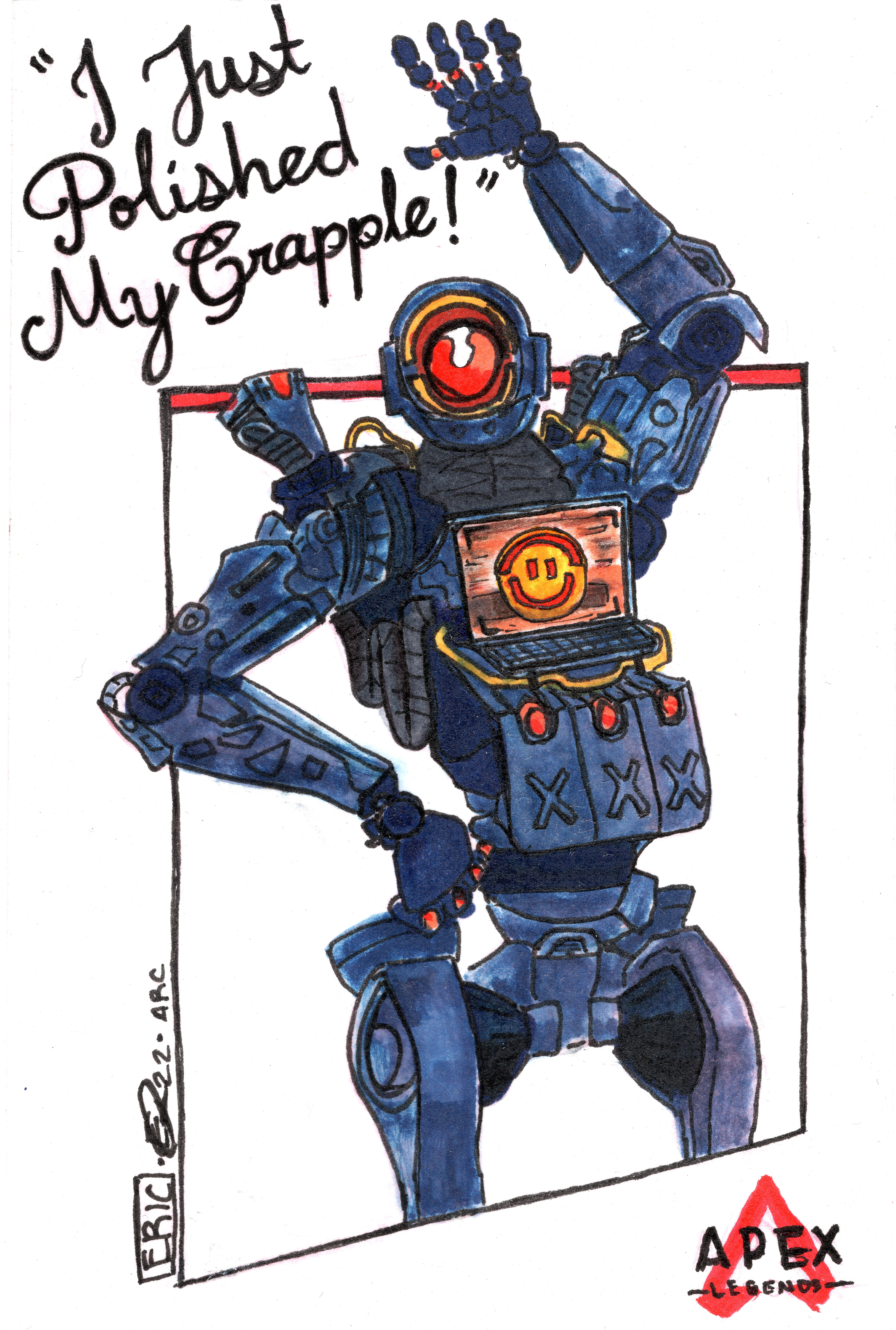 "Here I Go!" (2022) Pentel Sign pen and Copic Markers on 5x7 postcard.