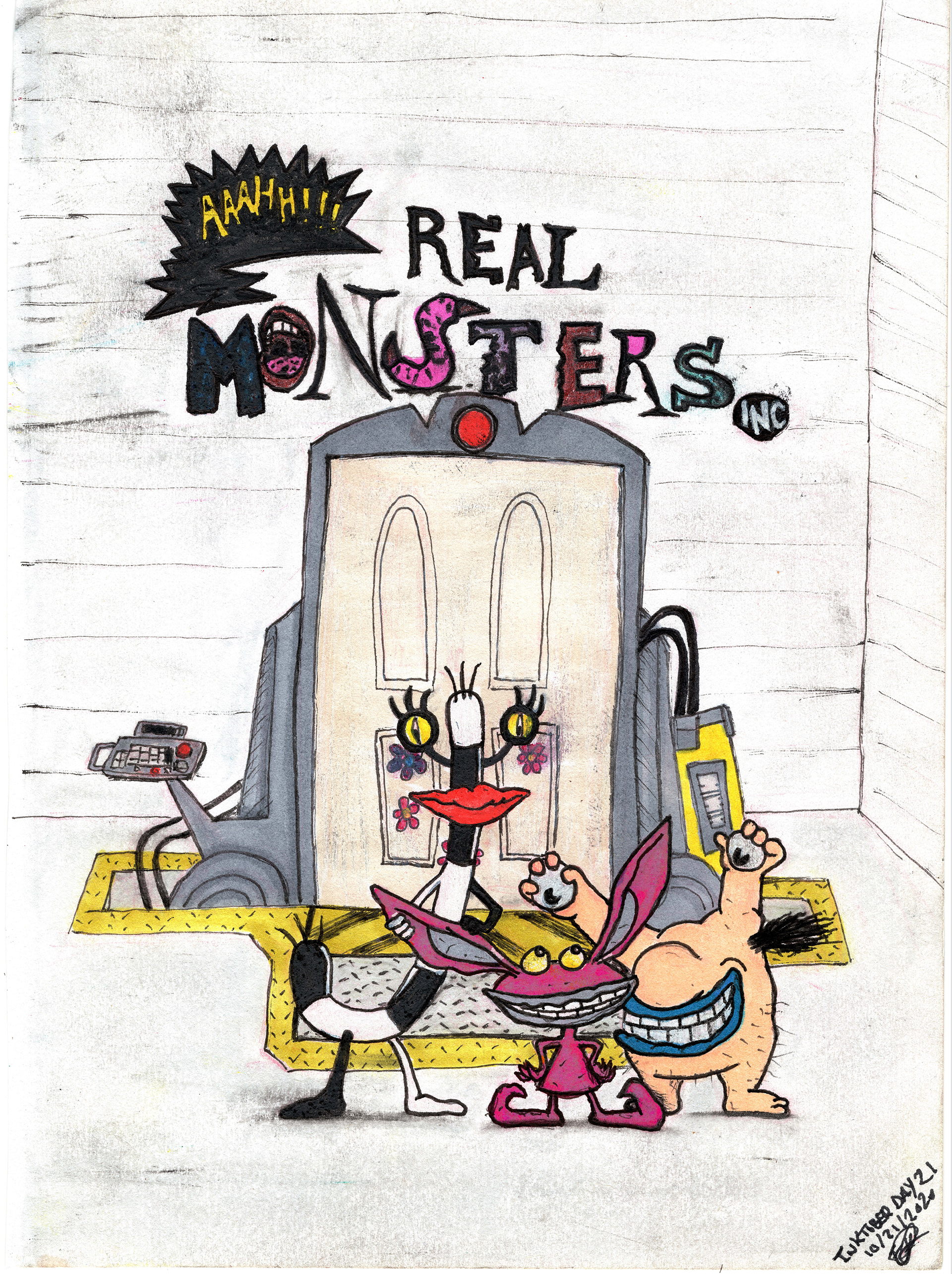 "AAAHH!!! Real Monsters Inc." (2020) Inktober Series Day 21. Ink, watercolor pencils, Alcohol / Paint / Watercolor markers on sketch paper. 