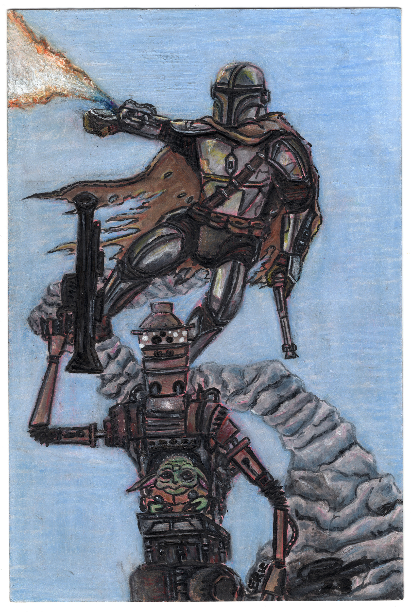 "The Adventures of Mando, Grogu, and IG-12" Colored Pencil and Alcohol / Paint Markers on 4x6 Postcard