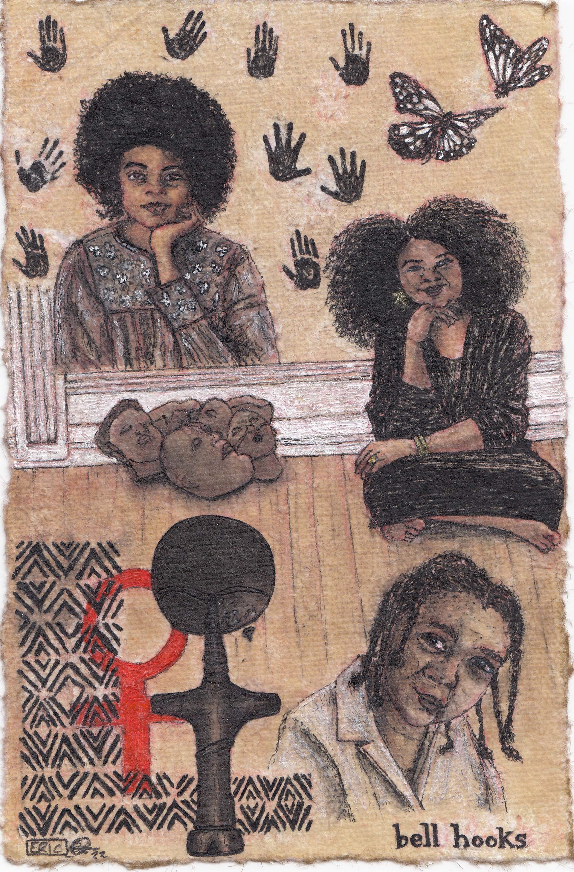 "bell hooks" (2022) American author and social activist who often wrote on race, feminism, and class. This piece was done shortly after her passing. Copic Multiliner, Copic Markers, Winsor & Newton Markers, Posca Marker on weathered paper.