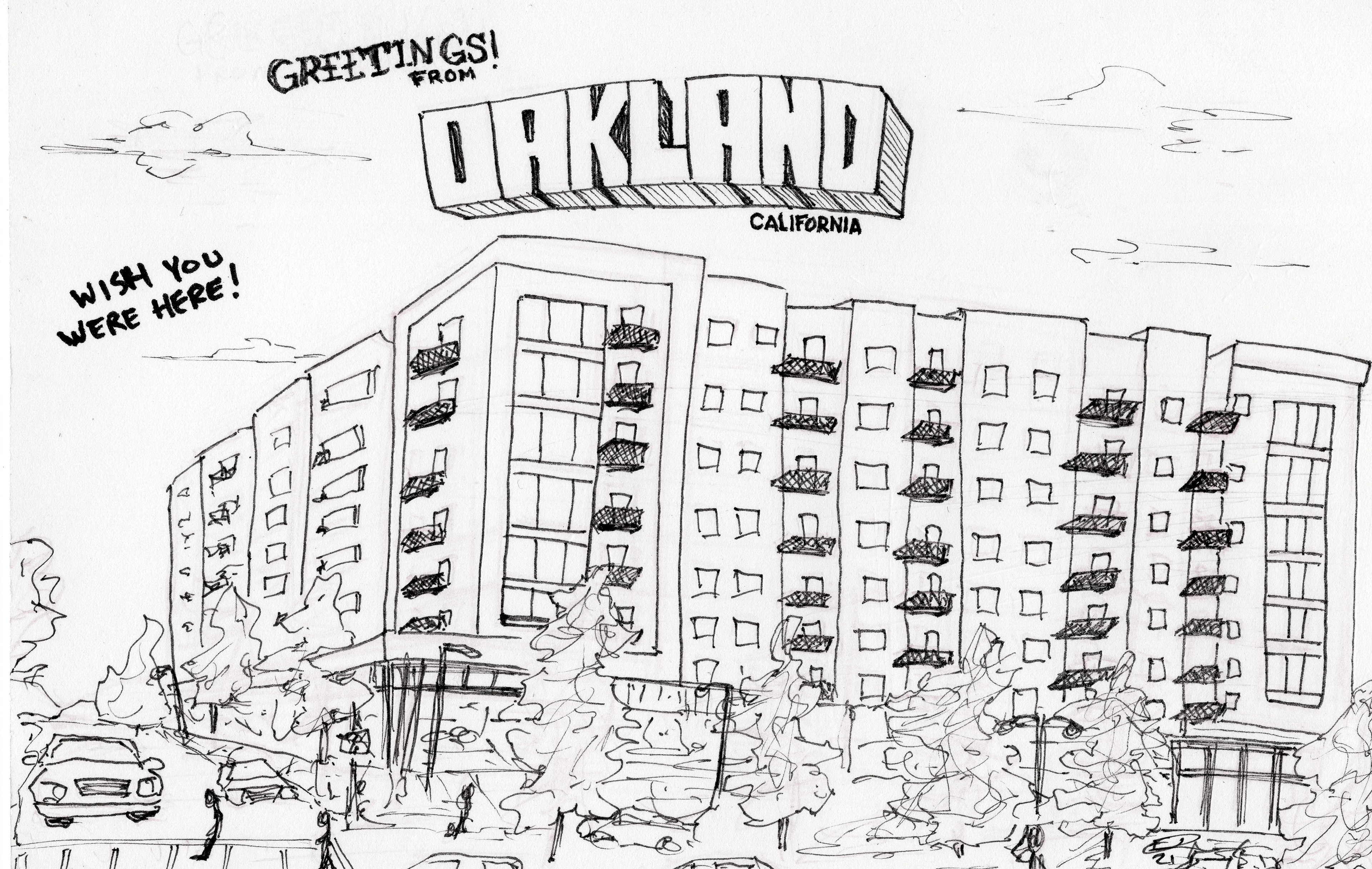 "Greetings! From Oakland" (2021) Ink on Postcard.
