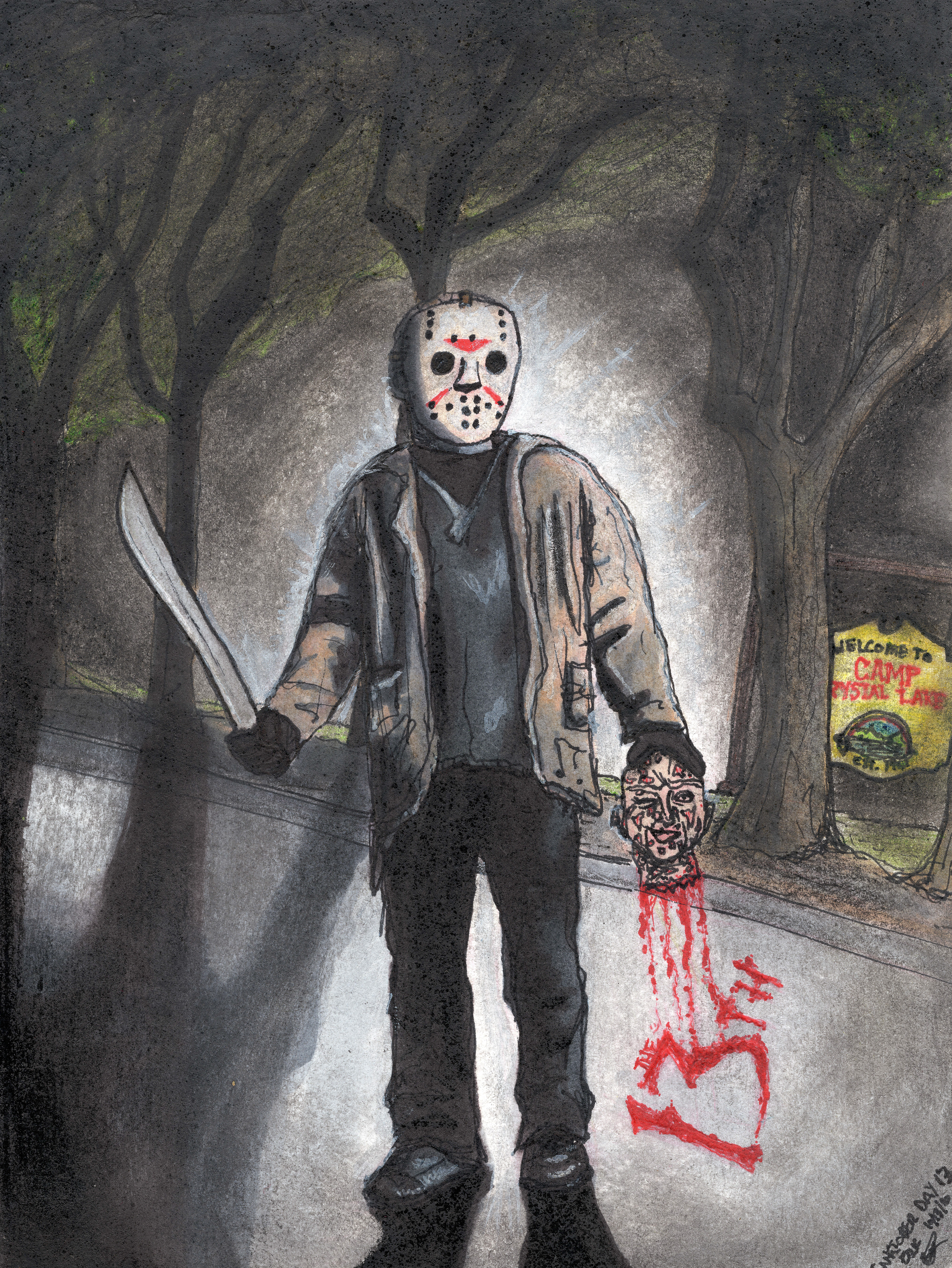 "Friday the 13th" (2020) Inktober Series Day 13. Copic Multiliner, Watercolor Pencil, Prisma Greyscale Markers, Sharpie Oil Based Markers on sketch paper. 