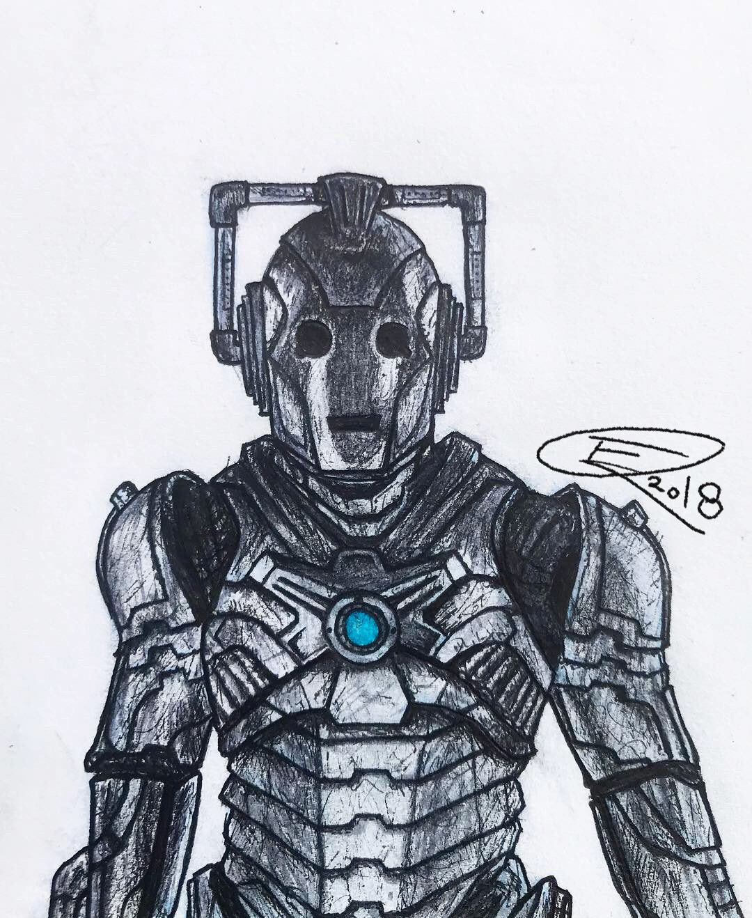 "Upgrade in Progress..." (2018) Pilot pen and Prismacolor grayscale markers on sketch paper. 
