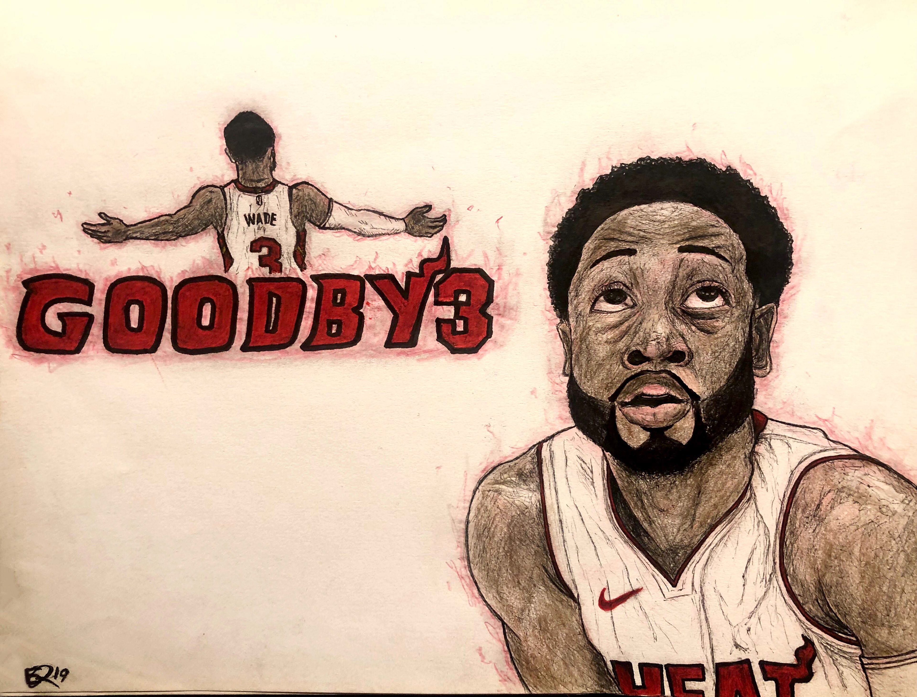 "GOODBY3" (2019) Ink and alcohol markers on 9x12 sketchbook paper. Dwayne Wade Retirement Tribute. 