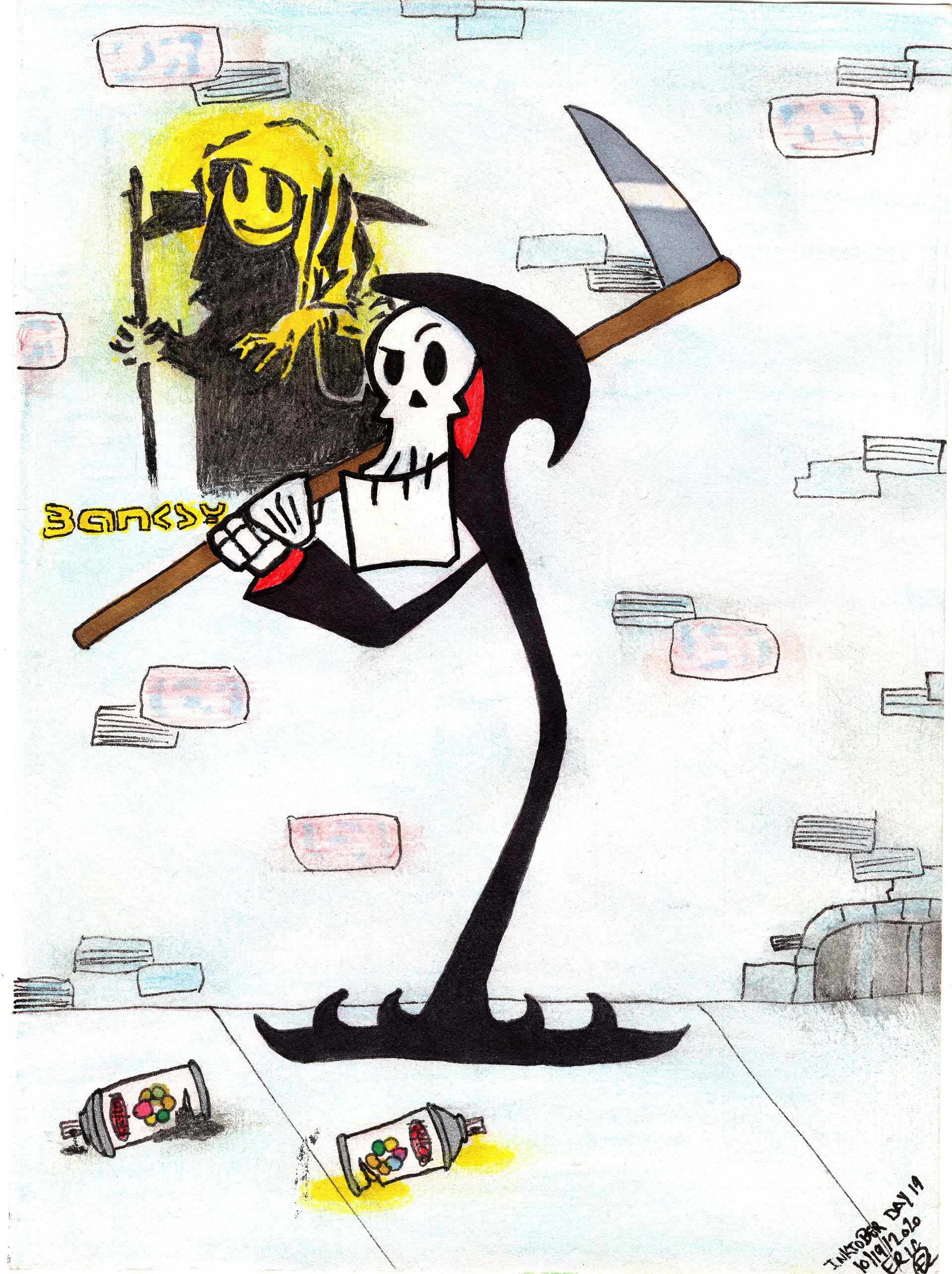 "Who is Banksy?" (2020) Inktober Series Day 19. Ink, watercolor pencils, Alcohol / Paint / Watercolor markers on sketch paper. 