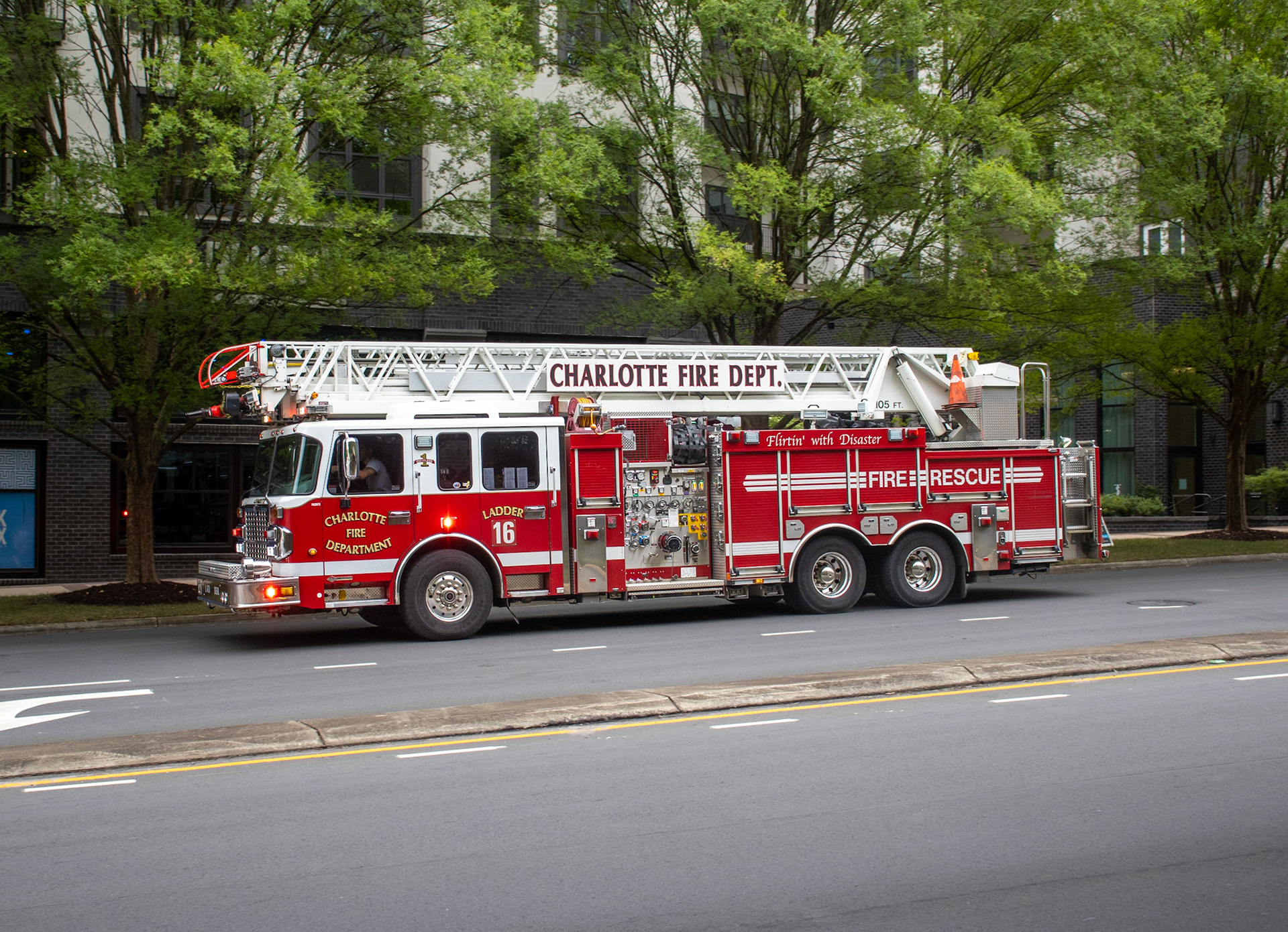 Charlotte Fire Department Ladder 16 enroute to a commercial fire alarm