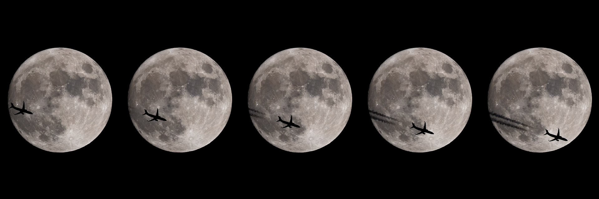 Seen Tuesday, October 19 from Melbourne, Florida: That's American Airlines flight 751 (a Boeing 737-823) flying at 38,000ft from Charlotte, NC to Miami, Florida passing in front of the nearly (99.5% illuminated) Full Hunter's Moon. According to the Flightradar24 app, the jet was traveling at 467kts. Details: 5 frames all shot at ISO250, 1/1000-sec at f10 with a Canon R5 and RF100-500 + 1.4x TC.