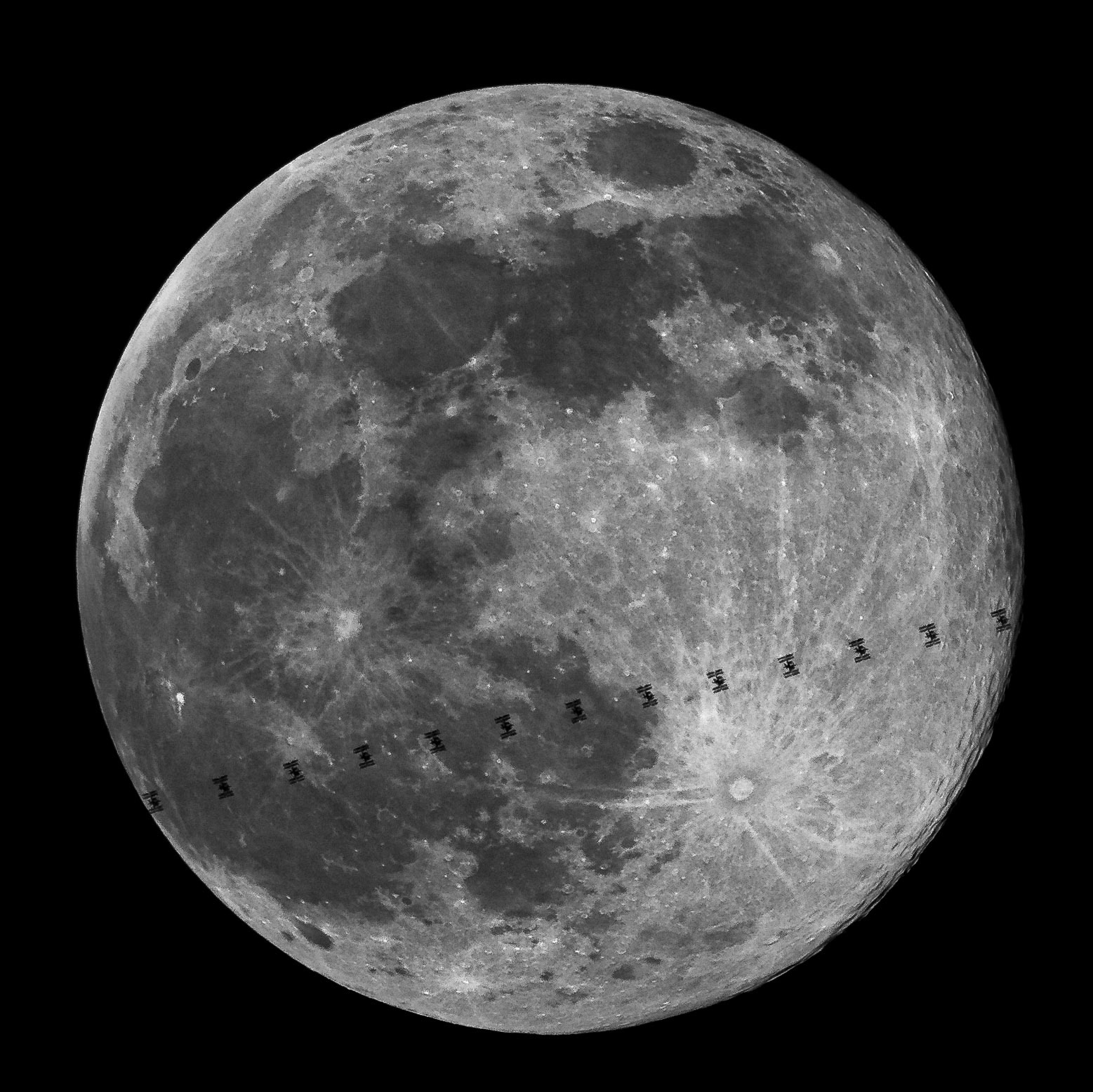 Meet the 1st Full Moon of 2023, the Wolf Moon, seen from Central Florida (Palm Coast) with a special guest appearance by the International Space Station, silhouetted near Tycho Crater. The ISS &amp; crew of 7 humans were 512km overhead traveling at 4.76 miles/second.