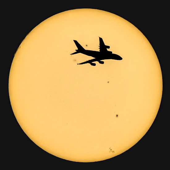Superjumbo solar transit: That's British Airways flight BA206 passing in front of the Sun on its way to London (LHR) from Miami (MIA), seen Wed evening from the Space Coast. The A380-841 was traveling at 35k feet &amp; 459 knots.(📷: me; flight data by Flightradar24.com)4
