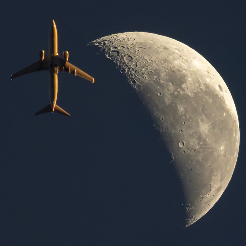 In a corollary to my shot (and screed) yesterday, this shot is from Monday morning, a few minutes before sunrise. That's a Boeing 737-823 cruising by the 39% Moon, seen here from the Space Coast, and, from my driveway.American Airlines flight 439 was traveling from Charlotte (CLT) to Miami (MIA) at 29,584 feet &amp; 522 knots.This was kind of a horrible exposure because the sky is dark enough that the plane isn't quite visible, and the side of the plane that's catching the sunlight is way bright, as is the Moon. So, I'm shooting slower than usually (1/1000 sec), and I'm handheld, pointing straight up. So the MVP here is Canon's image stabilization.(📷: me, flight details by Flightradar24.com)