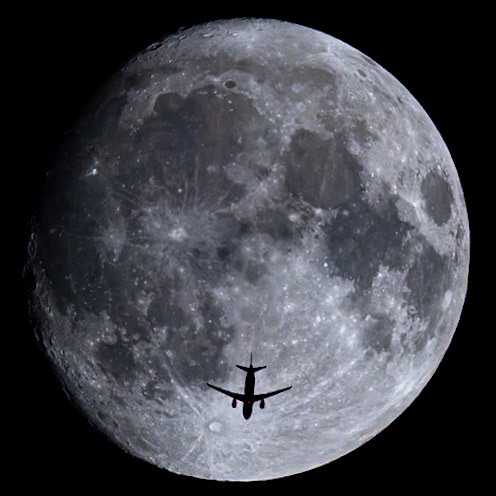 Next stop: Tycho Crater? That's an Airbus A320-232 (reg N693NK) passing in front of the 96% waxing Moon Saturday night as it passed over the Space Coast of Florida. Spirit Airlines flight 1831 was traveling from Baltimore (BWI) to Miami (MIA) at 36,000 feet and 461 knots. This frame captured the flashing red lower fuselage beacon light. It's part of why I'm posting this frame, as it's a bit wild to me that the light is so bright that it can be seen so far away. At first, I thought it was a stuck pixel, but I realize now that the camera fired precisely as the light flashed.I rarely do this, but I did chase this shot a bit. At 10:48 p.m., I had a frustratingly near miss to the right of the Moon. There was a plane 10-ish minutes behind in the MIA route, so I moved East, but I needed to be farther; it passed just to the left of the Moon (also frustratingly near; the wing clipped the disc of the Moon). This flight was the last one I was tracking, about 15 minutes behind the second miss. I positioned myself further east, about 1.25 miles from my usual fixed position (home), and it was the right place at the right time, a late birthday gift of sorts.   Details: 1/2000 sec and f10 at ISO 640 with a Canon R5 / RF100-500mm with a 1.4x TC; flight details by Flightradar24.com