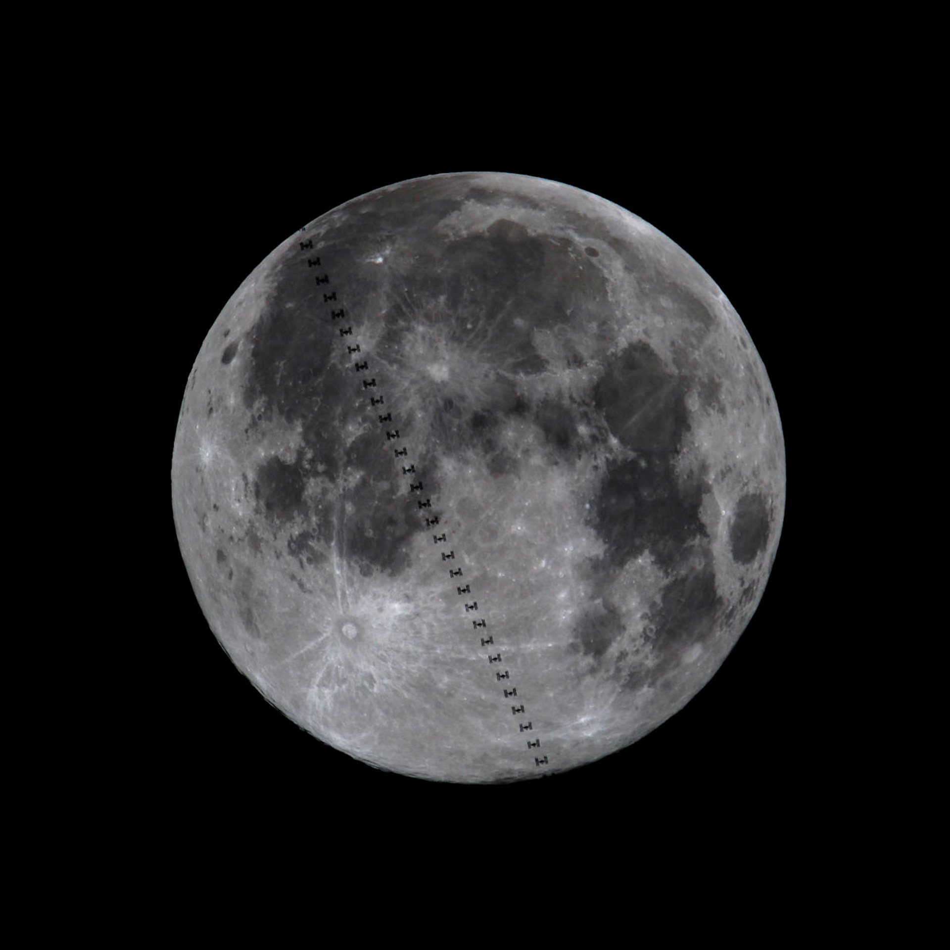 I was able to capture the July full Moon (aka "Thunder Moon") rising earlier in the evening (photo here: https://flic.kr/p/Wms7oD ), and then 7 hours later, this: an International Space Station transit of the same full Thunder Moon.The transit was visible from Cocoa, Florida (not far from where the components of the ISS launched from). And, it lasted a luxurious 1.05 seconds, slower than the .5 second transits I've been capturing (I assume) because the ISS was a greater distance from the viewing location (400-ish km vs. this one at 630km). I caught it using the 4k video recording on a Canon DSLR (ISO640, 1/1250 and f11), shot through a 400mm lens with a 2x teleconverter. 34 individual frames were extracted, and then I combined them using PhotoShop. Minimal edits were done in Lightroom along the way.   A video of the transit is here:  https://youtu.be/XwTbTICA7EAFor my uber space nerd and physicist friends, the details of the pass are pasted below. I use calsky.com and transit-finder.com to plan these shots and, frankly, I remain continually amazed that such a finely tuned event can be predicted, much less captured in this detail. High resolution: https://flic.kr/p/Vhd4R7Transit details (source: transit-finder.com):"Sunday 2017-07-09 02:58:22.00  •  Lunar transitISS angular size: 43.81″; distance: 630.76 kmAngular separation: 2.9′; azimuth: 206.1°; altitude: 37.4°Center line distance: 0.54 km; visibility path width: 5.77 kmTransit duration: 1.05 s; transit chord length: 29.4′R.A.: 19h 17m; Dec: -19° 49′; parallactic angle: -23.6°ISS velocity: 28.1 ′/s (angular); 5.15 km/s (transverse)ISS velocity: -5.31 km/s (radial); 7.40 km/s (total);Direction of motion relative to zenith: 23.2°Moon angular size: 30.0′; 41.1 times larger than the ISSMoon phase: 99.9%; angular separation from Sun: 177.4°Sun altitude: -34.9°; the ISS will be in shadow"