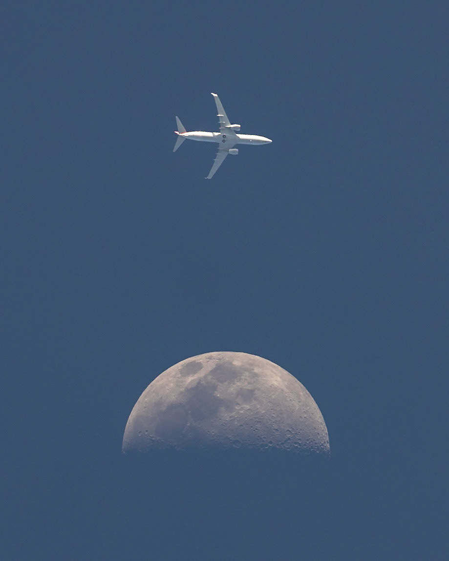 Close. Very close.According to FlightRadar24, that's American flight 1340, a Boeing 737-823, flying from DCA to MIA, captured Friday (4/8) harassing the Moon.