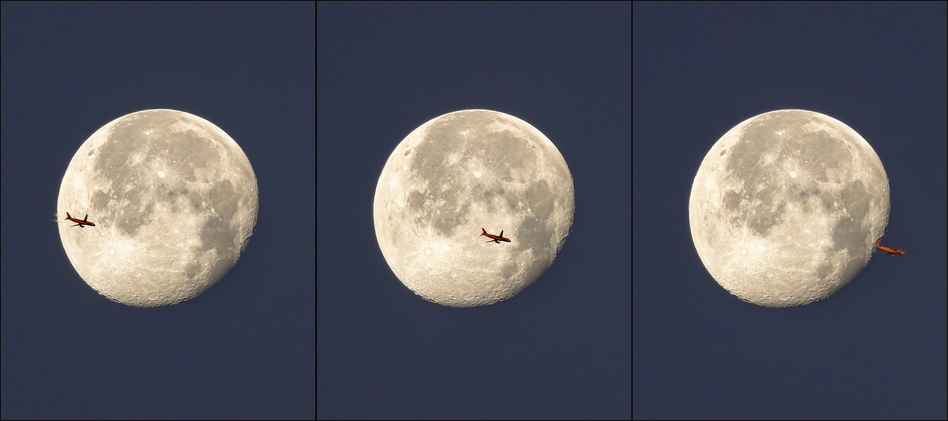 Good (Thurs) morning from the Space Coast: That's the 94% illuminated Moon, photobombed by @SpiritAirlines flight NK126 traveling at 35,000 ft from Ft. Lauderdale (FLL) to Myrtle Beach (MYR). (The plane is yellow, but caught in the morning Sun, it looks orange.)Camera: me