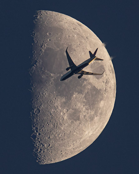 Plane gets cozy with the Moon: Boeing 767-332 (N180DN) passes transits the 55% Moon over Florida's Space Coast Tuesday night.Delta Air Lines flight 981 was traveling from Atlanta (ATL) to Bogota (BOG) at 36,025 feet &amp; 485 knots.📷:me, flight data: Flightradar24.com