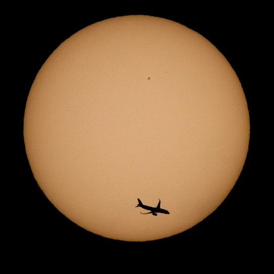 An Airbus A320-232 passing over the Space Coast of Florida and in front of the Sun at ~6:10pm (ET) Monday, July 4th. That's Spirit Airlines NK222 traveling from Ft. Lauderdale-Hollywood International Airport to Nashville International Airport, traveling at 484kts &amp; 33,800ft.  Edited to add that this was really quite lucky. Unlike with the lunar transits, there’s no way to find the plane and track it using the camera because the solar filter blocks everything except the Sun. And because you’re pointed at the Sun, you can’t track the plane (at least not without burning your eyeballs) as it approaches. For this shot, I caught a glimpse of the plane ~60 secs before the transit, and it looked roughly in alignment with the Sun. So, I pointed the camera at the Sun, and when I saw the silhouette of the plane with the viewfinder, I started firing. This was the first frame, so truly if I had been slightly slower, I’d have missed it completely. (📷: me using a solar filter, w/ flight data by Flightradar24.com)