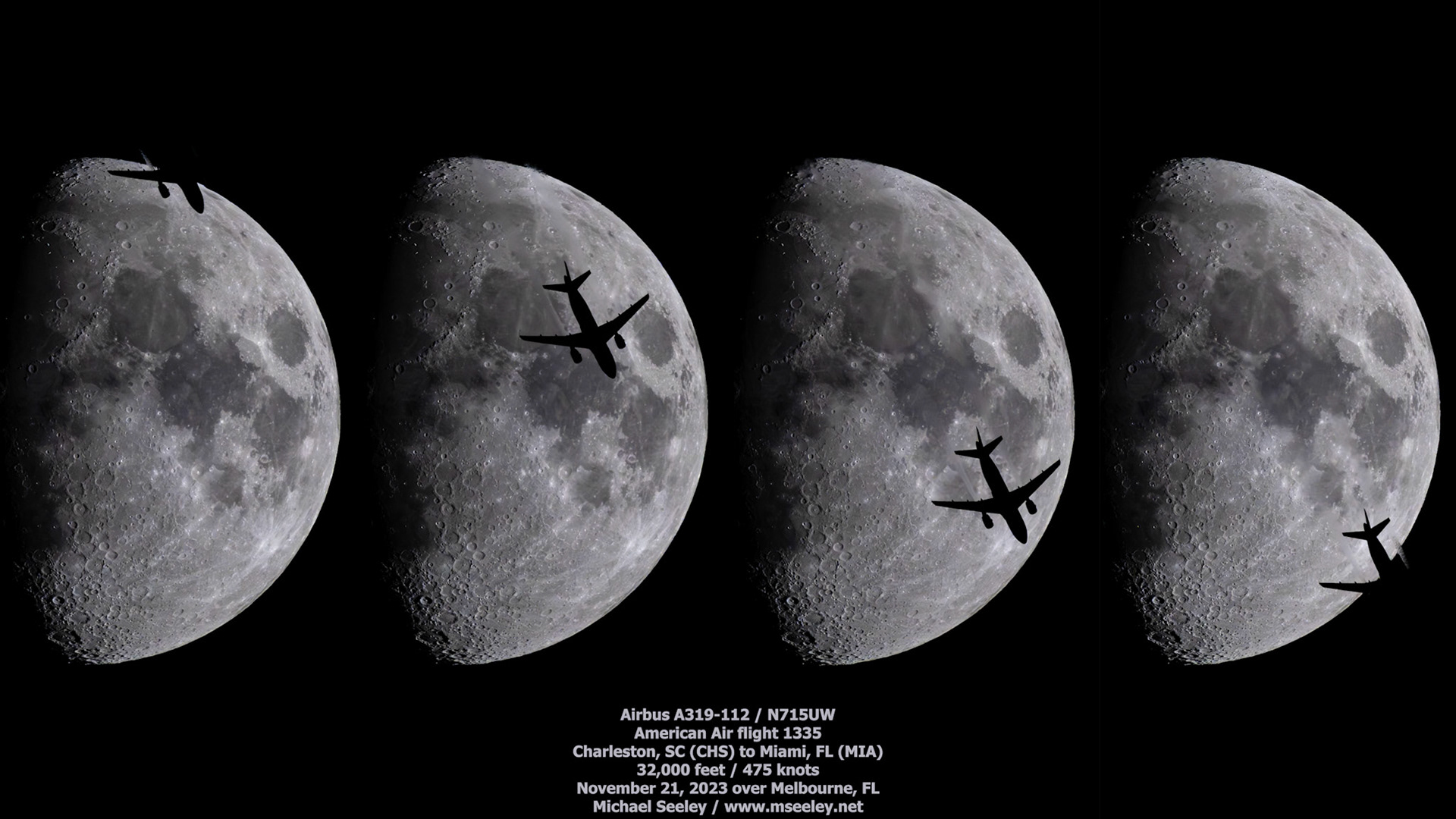 That's American Airlines flight 1335 passing over the Space Coast of Florida and in front of the 67% waxing Moon as it traveled from Charleston, SC (CHS) to Miami, FL (MIA) Tuesday night. The Airbus A319-112 was flying at 32,000 feet and 475 knots. (Pic: me, November 21, 2023; flight data by Flightradar24.com)