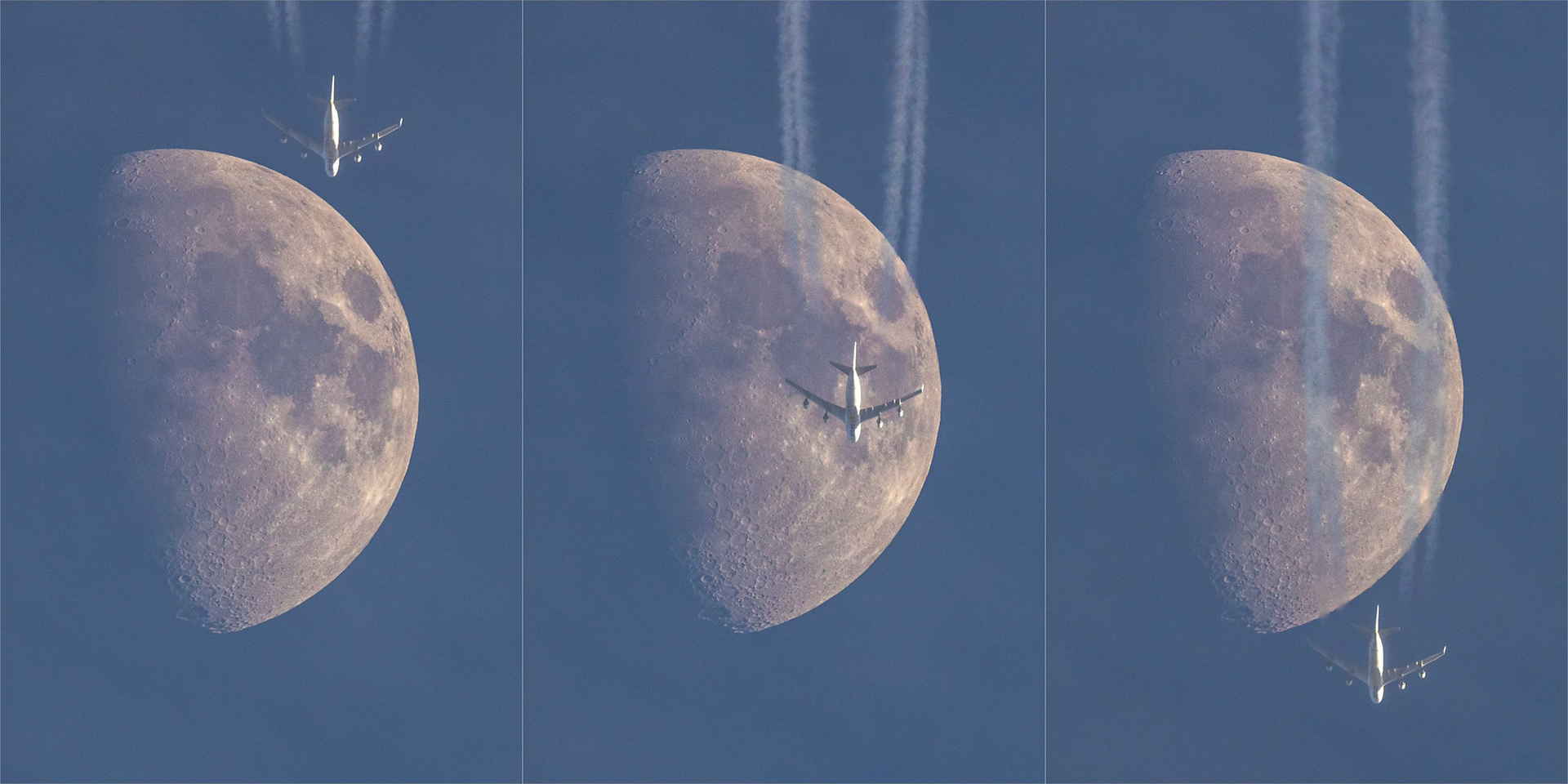 Fly me (or my cargo?) to the Moon: An Atlas Air Worldwide Holdings 747 flies in front of the 64% illuminated Moon, seen from the Space Coast of Florida. The cargo plane was traveling from Anchorage (ANC) to Miami (MIA) at 38,000ft &amp; 505kts. Shortly after I spotted this beast of a plane (and the huge chemtrails, amirite?) overhead, the Moon (a few seconds downrange) was completely obscured by a cloud. Normally I focus on the Moon, but with no Moon to point toward, I decided to follow the plane. After maybe 20-seconds with no Moon, I almost gave up, but I’m glad I didn’t. As it popped into the frame the Moon was still covered by a thin cloud, but the dense cloud had moved just in time. It wasn’t until I reviewed the images afterward that I was able to see just how well positioned the plane was. (📷:me w/ flight data by Flightradar24.com)