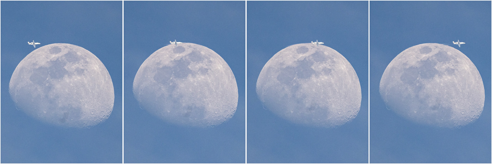 A Cessna 560XL Citation XLS flying at 26,000 ft &amp; 413 kts barely clipping the top of the 75% illuminated Moon, seen Fri from Melbourne, Florida.Alternate caption: "It looks like it's landing on the Moon" (7-year-old Lauren)Operated by NetJets, this plane was headed from PTK (Oakland County) to BCT (Boca Raton).(📷:me; data by flightradar24)