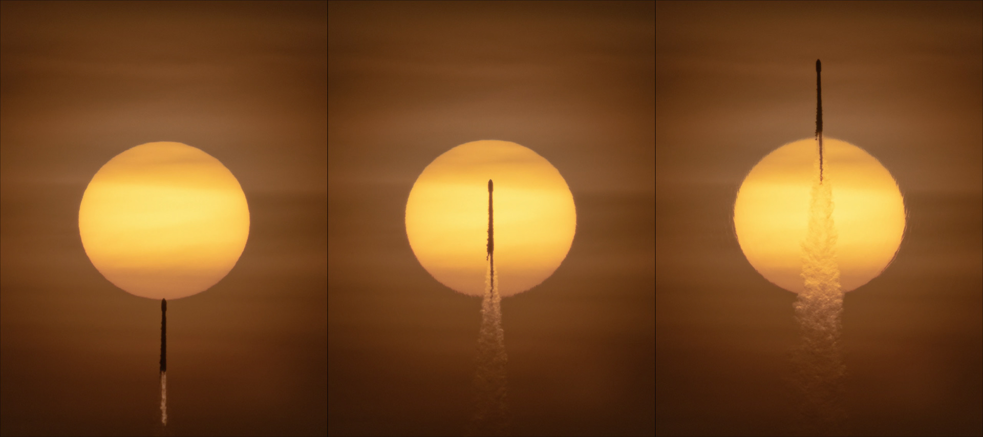 At 7:29am (ET) Tuesday, SpaceX successfully launched another batch of Starlink communications satellites from Kennedy Space Center’s LC-39A. This is the Falcon 9 rocket carrying the payload to orbit, seen from Titusville transiting the Sun shortly after sunrise. Photo: Michael Seeley / @mseeley20