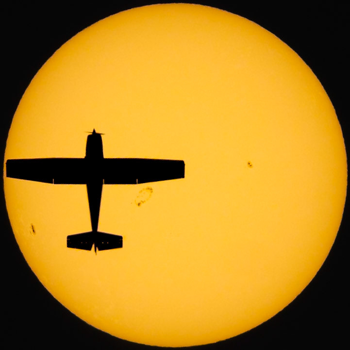 A Cessna 172N Skyhawk (N738JD) from Okeechobee (OBE) to St. Augustine (UST) crossed the Sun @ 6,950 ft &amp; 116 kts. A high-wing trainer caught mid-climb up the state, prop just clipping the edge of the disk, sunspots scattered behind it. July 20. 📷: me, flight data: @flightradar24