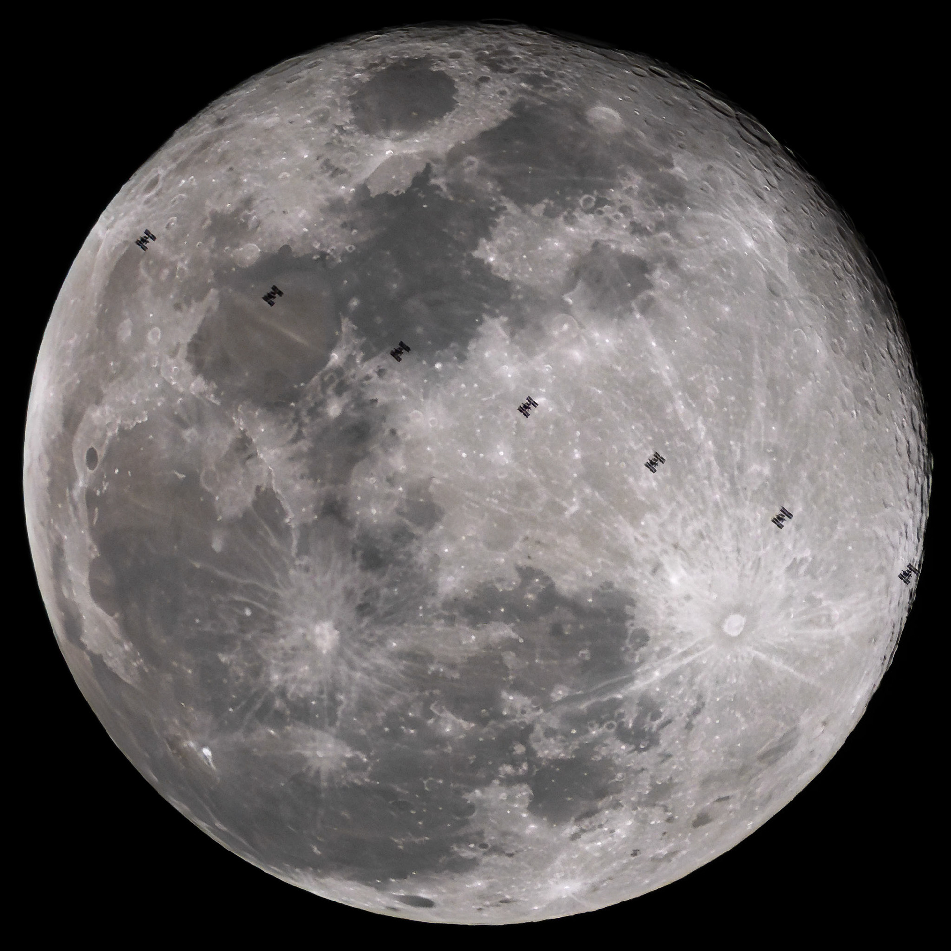 Look closely and you'll see the International Space Station (with 7 humans on board) traveling at ~17,500mph as it passed in front of the Beaver Moon (~17 hrs post full) Monday night, seen from Osceola County, Florida.It took just .7 secs for the transit.Putting the Space in the Space Coast (sort of), this was just 90-minutes before the SpaceX launch last (Monday) night. I was able to drive inland ~40 minutes to catch this shot, make it close to home for the launch, and I was home before midnight.Details:7x ISO800, f10 &amp; 1/5000-sec exposures captured with a Canon R5 w/ an RF100-500L &amp; 1.4x TC, combined into a 7 frame composite in Photoshop with adjustments in Lightroom.Shot planned with http://transit-finder.com.
