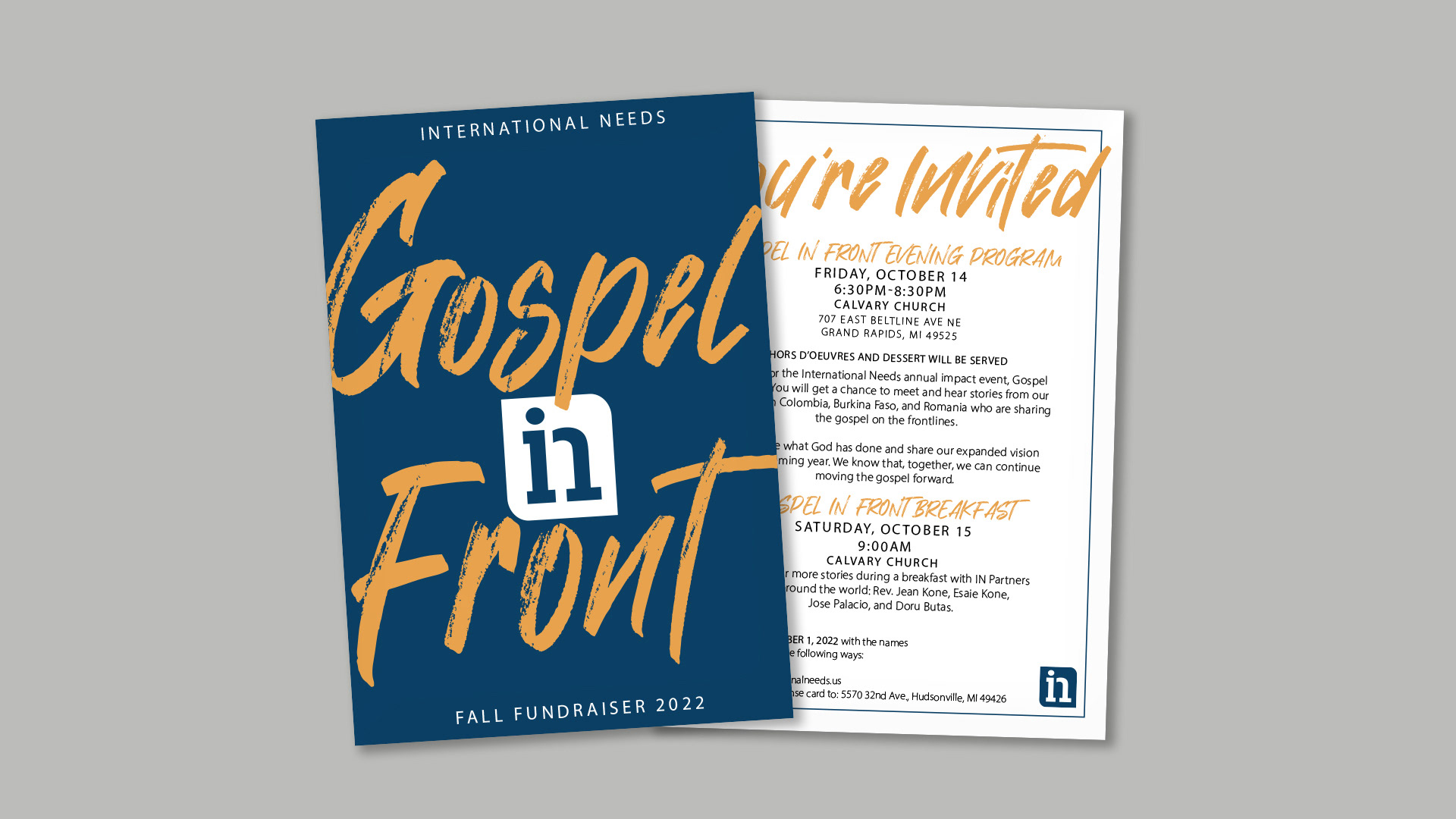 Invitations for International Needs Fall Fundraiser "Gospel IN Front."