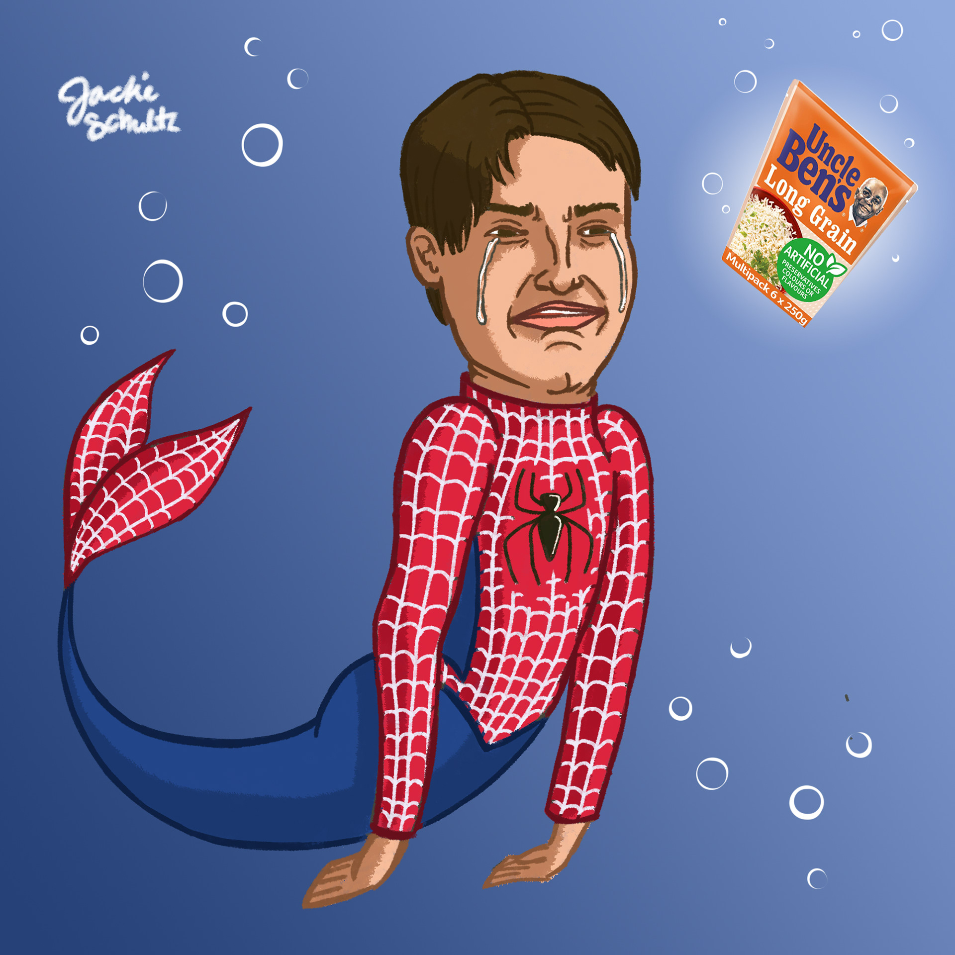 Day 9: Superhero. Couldn't pass up the opportunity to draw a Tobey Maguire mermaid