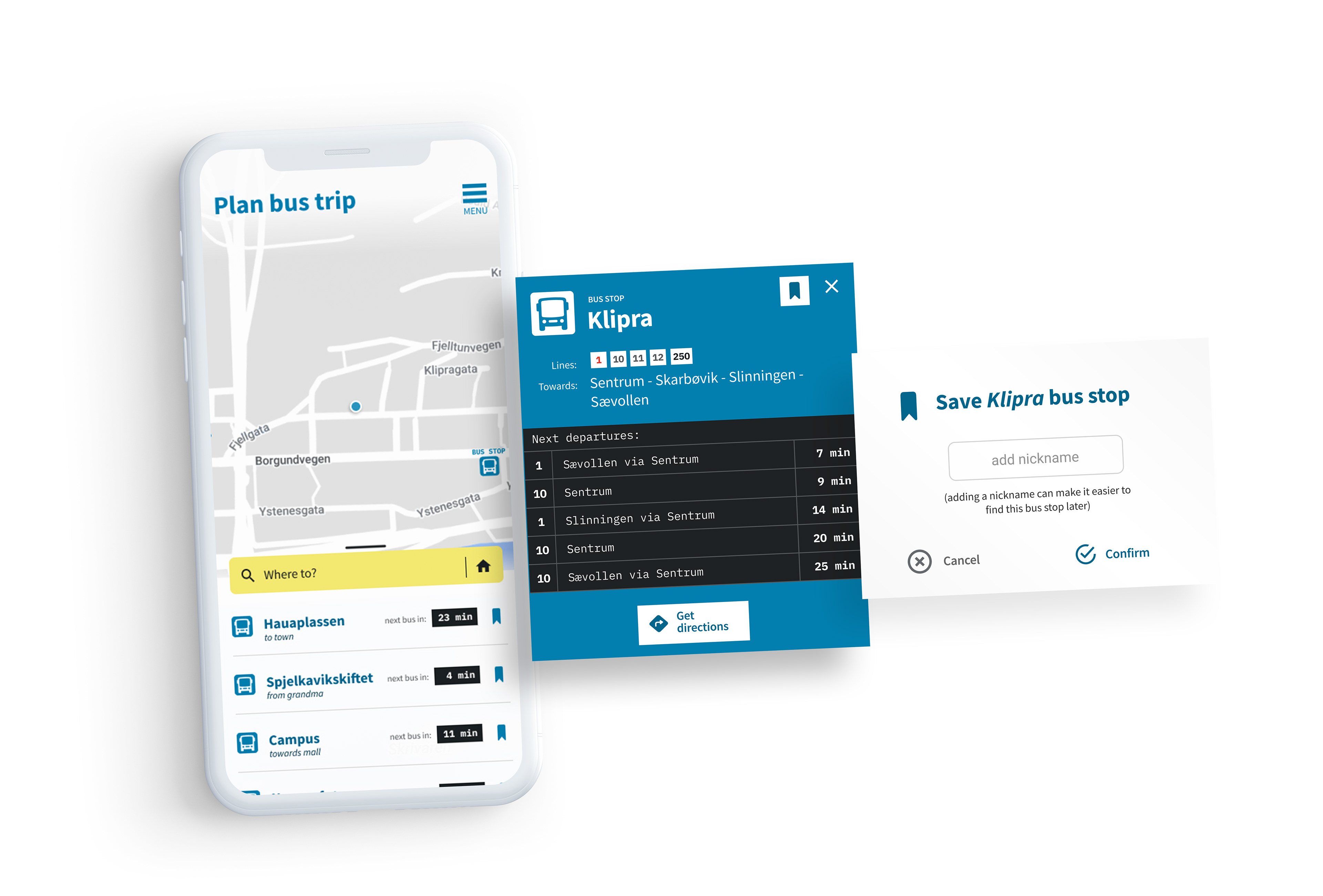 Three screens showing final design of bus app